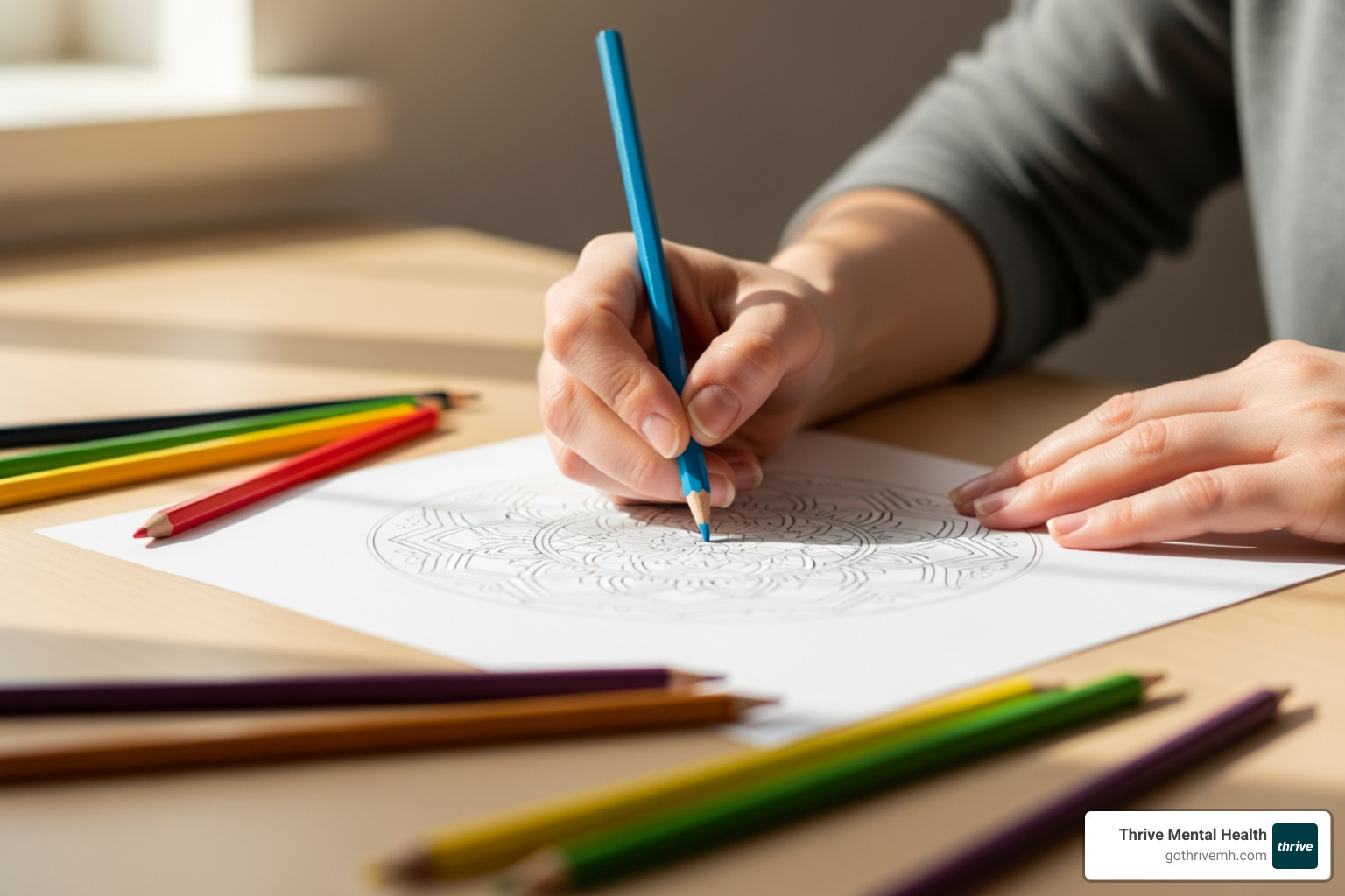 Person drawing a mandala with colored pencils - therapeutic creative activities
