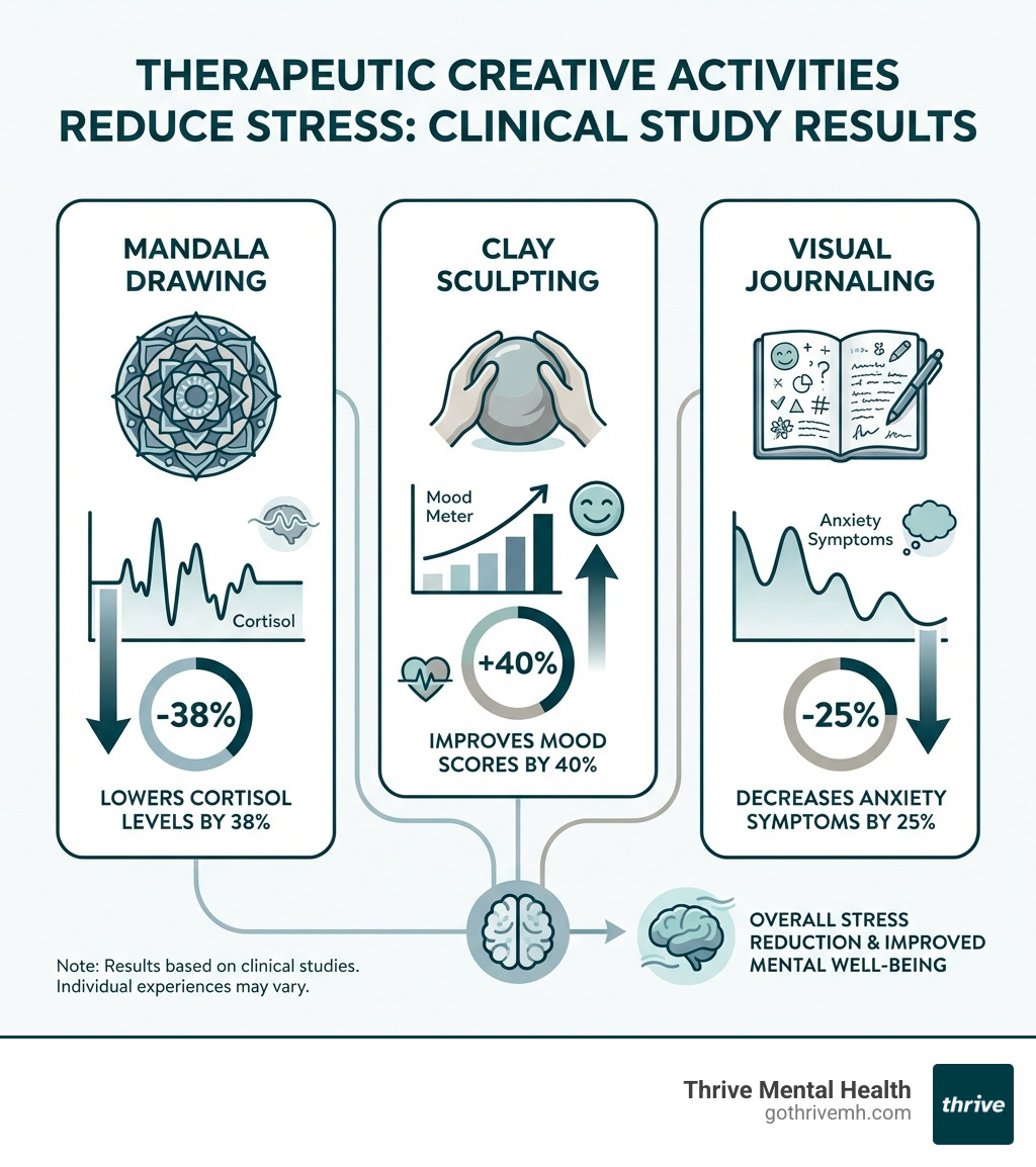 Infographic showing how therapeutic creative activities reduce stress: mandala drawing lowers cortisol by 38%, clay sculpting improves mood scores by 40%, and visual journaling decreases anxiety symptoms by 25% in clinical studies - therapeutic creative activities infographic 