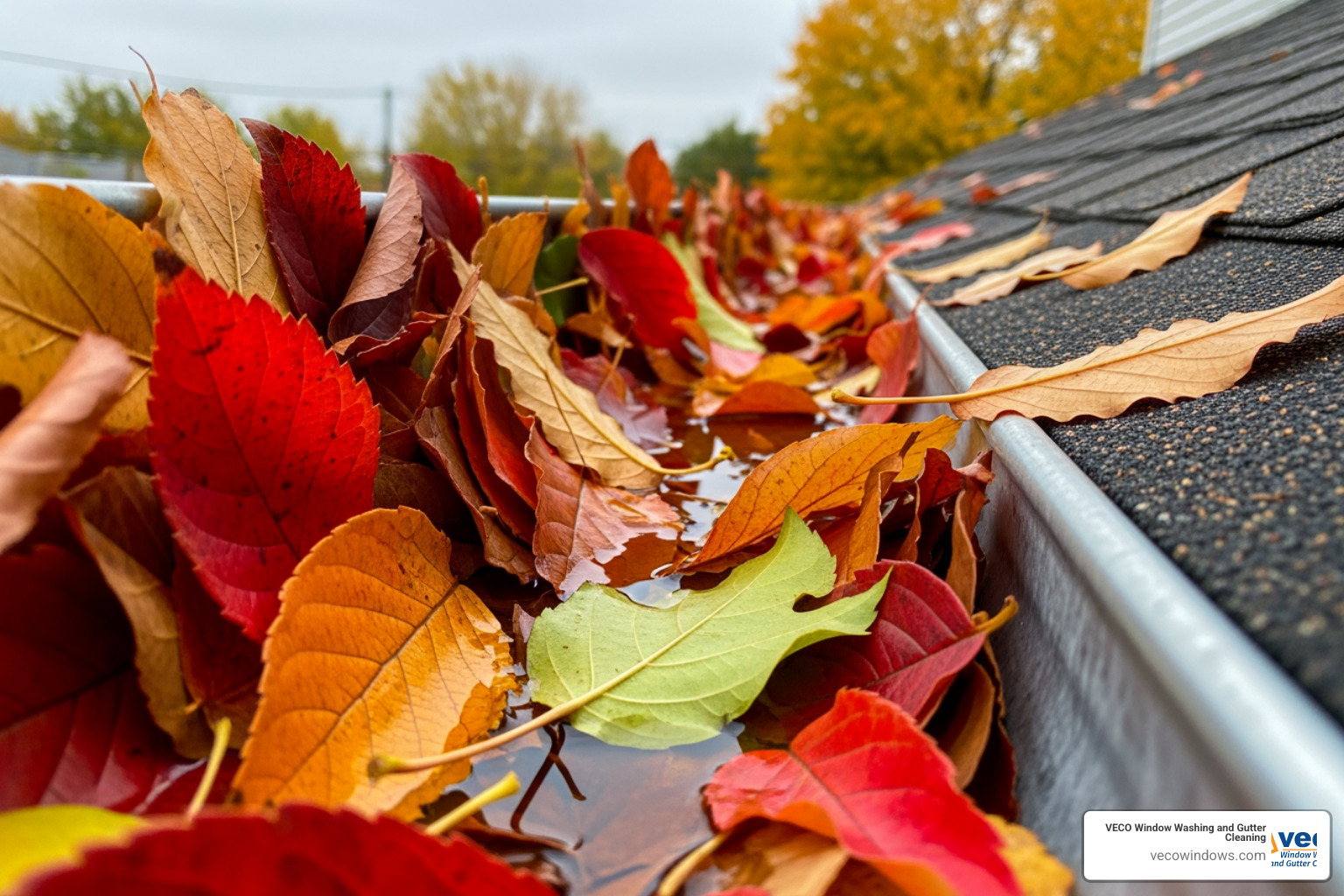 colorful autumn leaves filling a residential gutter - gutter cleaning Deerfield IL colorful autumn leaves filling a residential gutter - gutter cleaning Deerfield IL