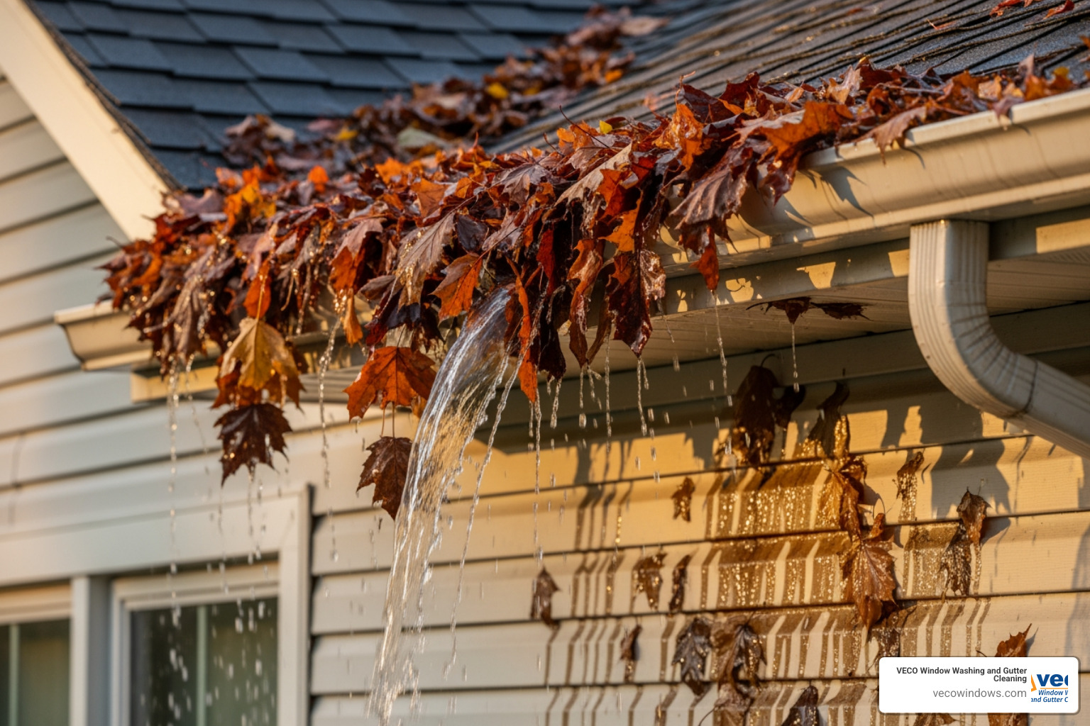 clogged gutter overflowing with leaves and water staining the siding of a house - gutter cleaning Deerfield IL clogged gutter overflowing with leaves and water staining the siding of a house - gutter cleaning Deerfield IL