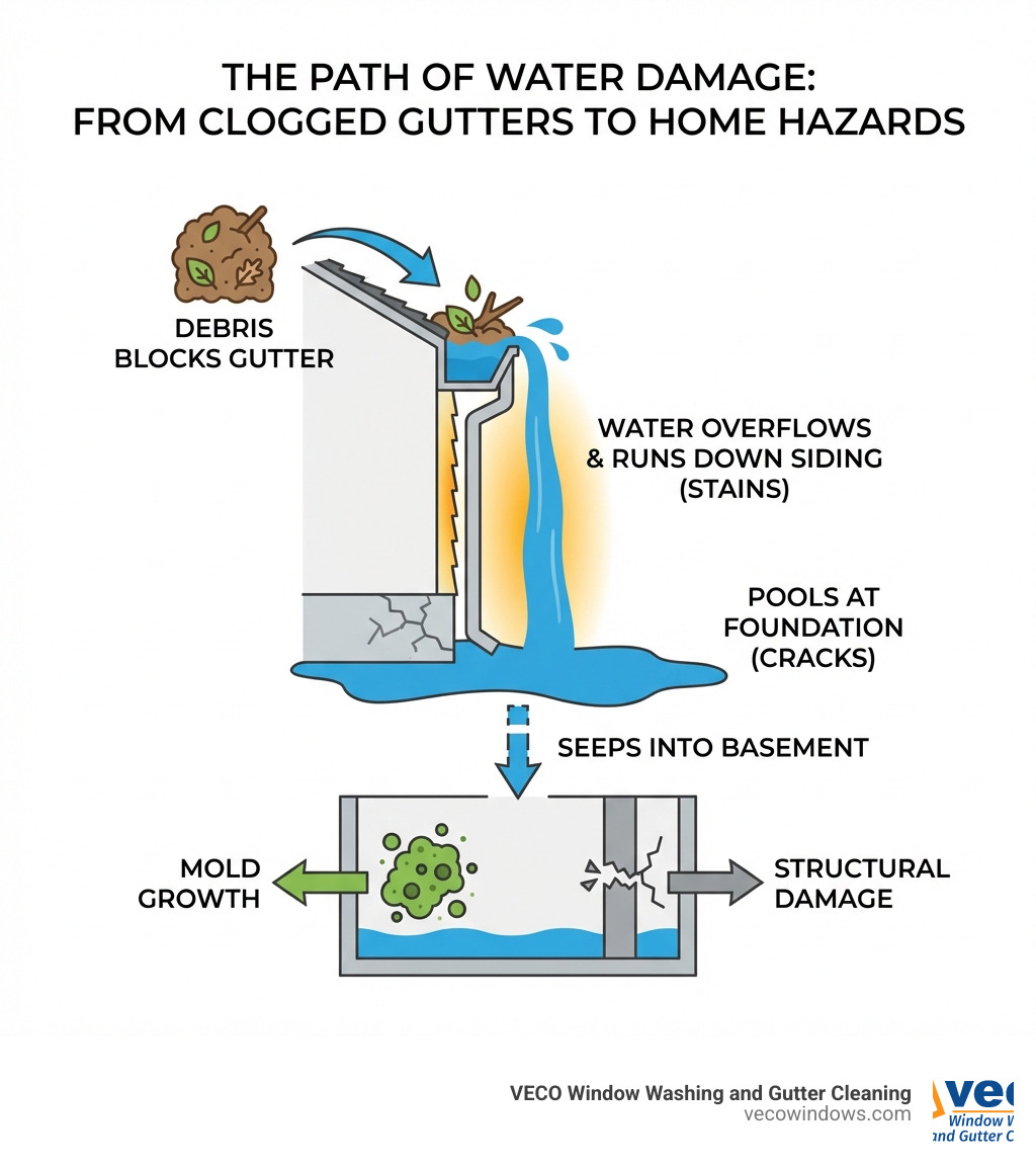 infographic showing the path of water damage from clogged gutters: debris blocks gutter, water overflows, runs down siding causing stains, pools at foundation causing cracks, seeps into basement, and leads to mold growth and structural damage - gutter cleaning Deerfield IL infographic infographic showing the path of water damage from clogged gutters: debris blocks gutter, water overflows, runs down siding causing stains, pools at foundation causing cracks, seeps into basement, and leads to mold growth and structural damage - gutter cleaning Deerfield IL infographic