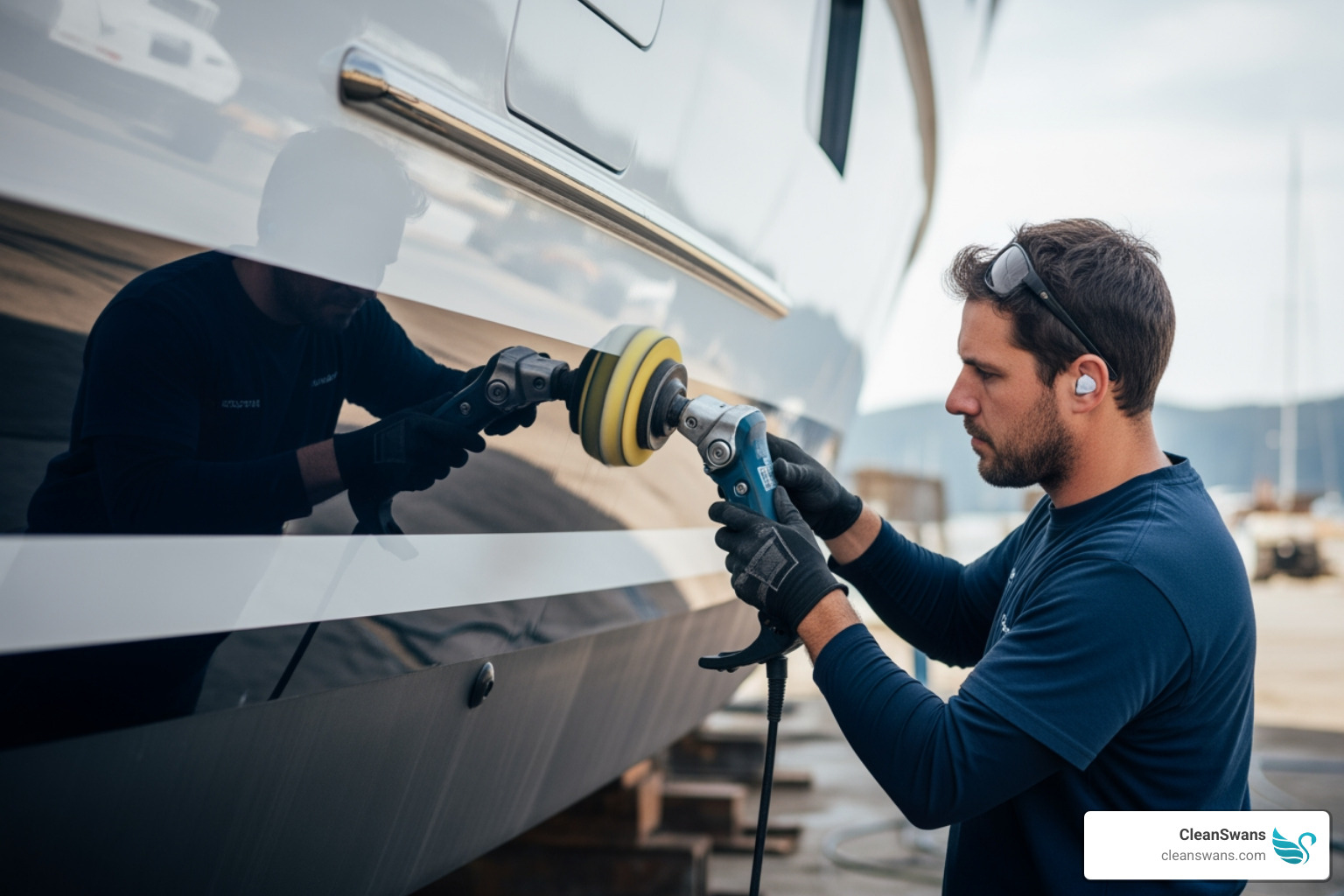 professional detailer meticulously buffing a yacht hull to a high shine - yacht cleaning service