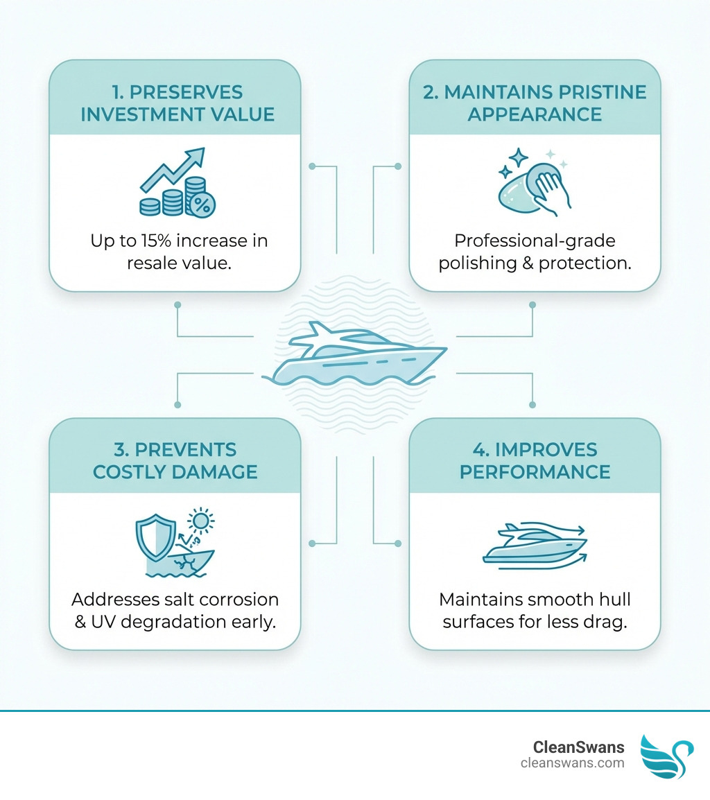 infographic showing four key benefits of regular yacht detailing: Preserves Investment Value with up to 15% increase in resale value, Maintains Pristine Appearance through professional-grade polishing and protection, Prevents Costly Damage by addressing salt corrosion and UV degradation early, and Improves Performance by maintaining smooth hull surfaces that reduce drag - yacht cleaning service infographic 