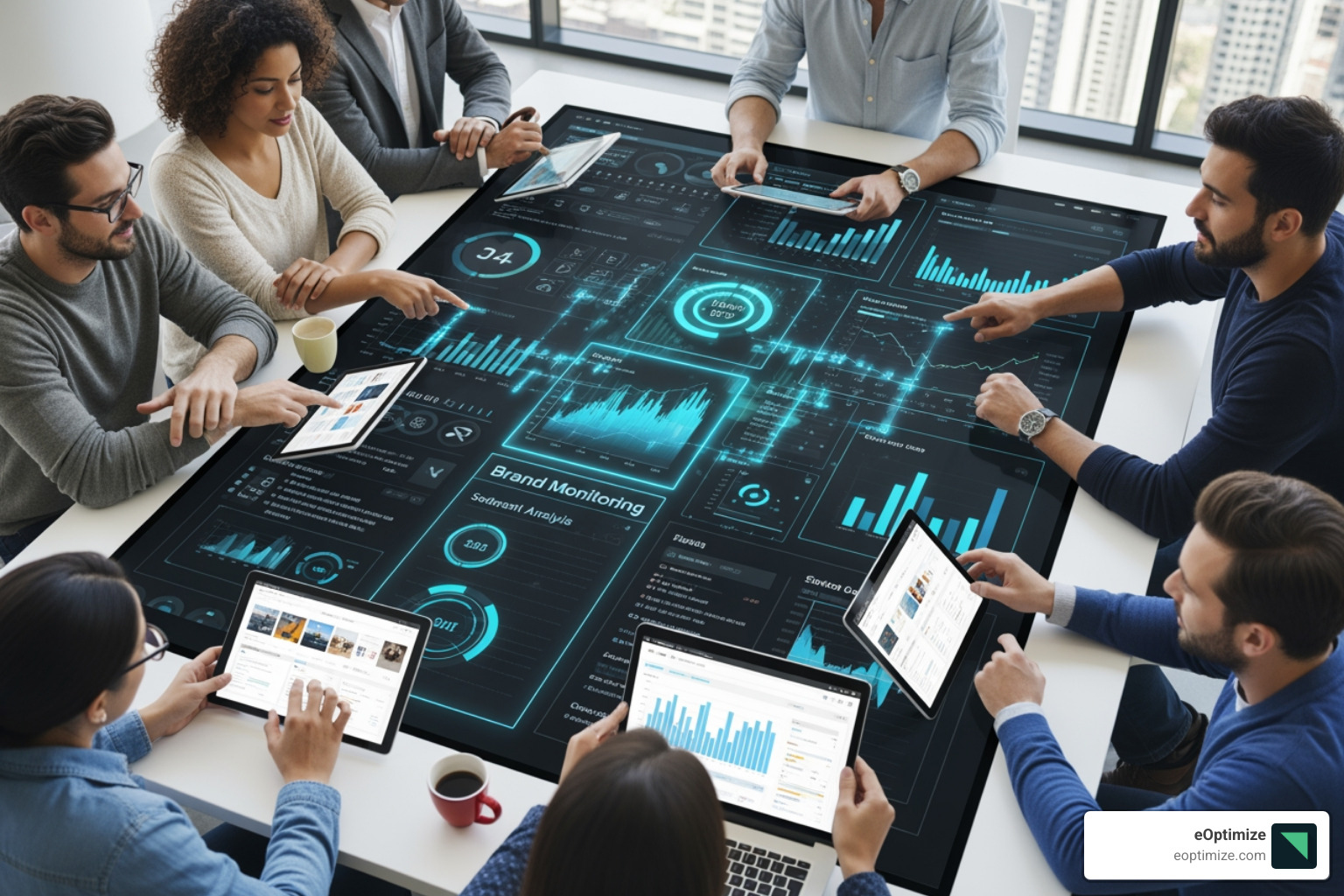 magnifying glass over social media icons and news logos - brand monitoring tools