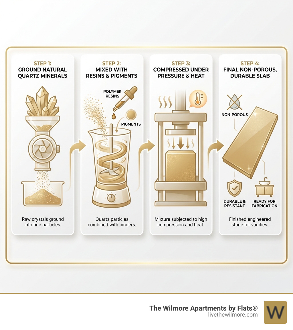 Infographic showing the manufacturing process of engineered quartz: Step 1 - Natural quartz minerals are ground into small particles; Step 2 - Quartz particles are mixed with polymer resins and pigments; Step 3 - Mixture is compressed under high pressure and heat; Step 4 - Final product is a non-porous, durable slab ready for fabrication into vanity tops - quartz bathroom vanity infographic 
