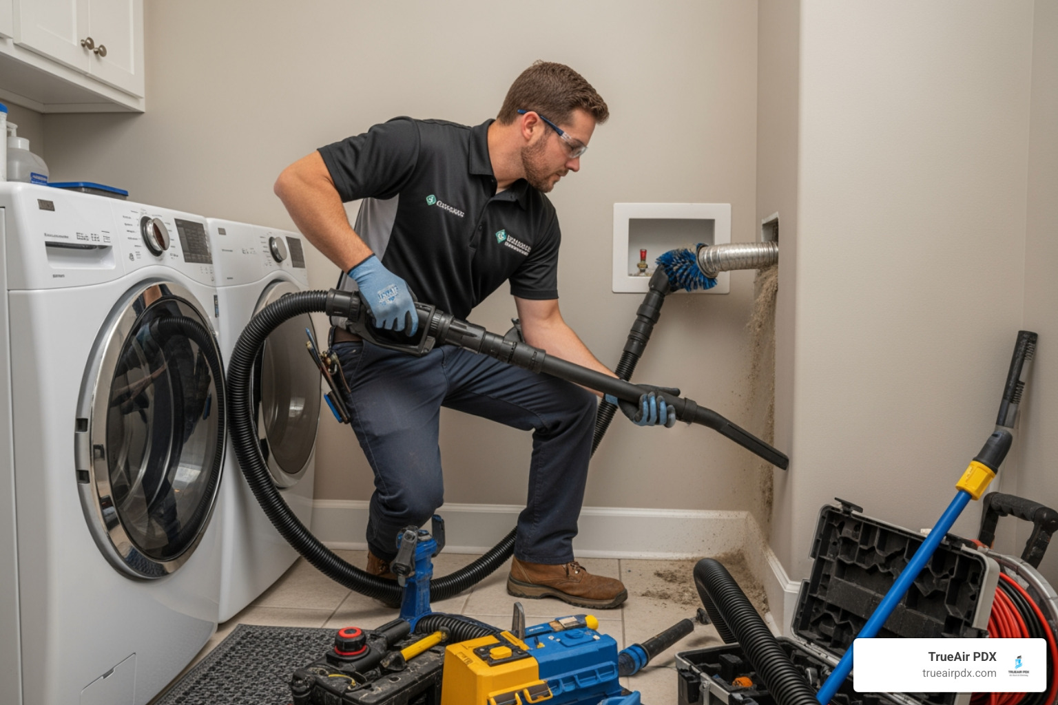 of a technician using a high-powered vacuum and rotary brush system in a vent - dryer duct company of a technician using a high-powered vacuum and rotary brush system in a vent - dryer duct company