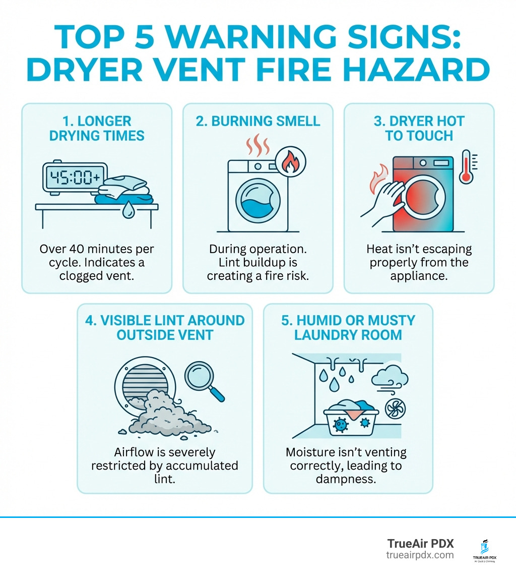 infographic showing the top 5 warning signs your dryer vent is a fire hazard including longer drying times over 40 minutes, burning smell during operation, dryer hot to touch, visible lint around outside vent opening, and humid or musty laundry room with illustrations of each - dryer duct company infographic infographic showing the top 5 warning signs your dryer vent is a fire hazard including longer drying times over 40 minutes, burning smell during operation, dryer hot to touch, visible lint around outside vent opening, and humid or musty laundry room with illustrations of each - dryer duct company infographic