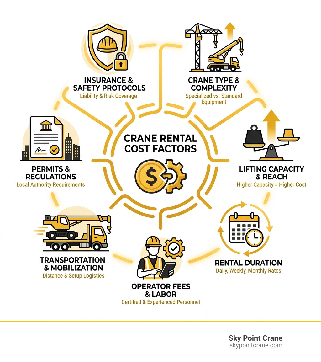 infographic showing the key factors that influence crane rental costs including crane type, capacity, rental duration, operator fees, transportation, permits, and insurance - Affordable crane rental infographic infographic showing the key factors that influence crane rental costs including crane type, capacity, rental duration, operator fees, transportation, permits, and insurance - Affordable crane rental infographic