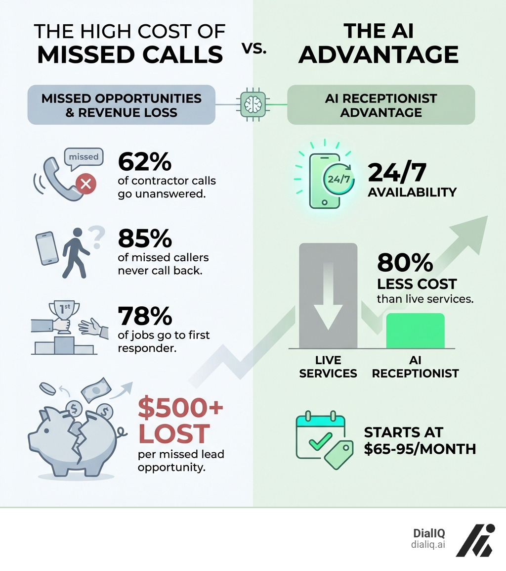 Infographic showing the financial impact of missed calls: 62% of contractor calls go unanswered, 85% of missed callers never call back, 78% of jobs go to first responder, resulting in $500+ lost per missed lead opportunity, while AI receptionists cost 80% less than live services starting at $65-95/month with 24/7 availability - AI Receptionist for Home Services infographic 