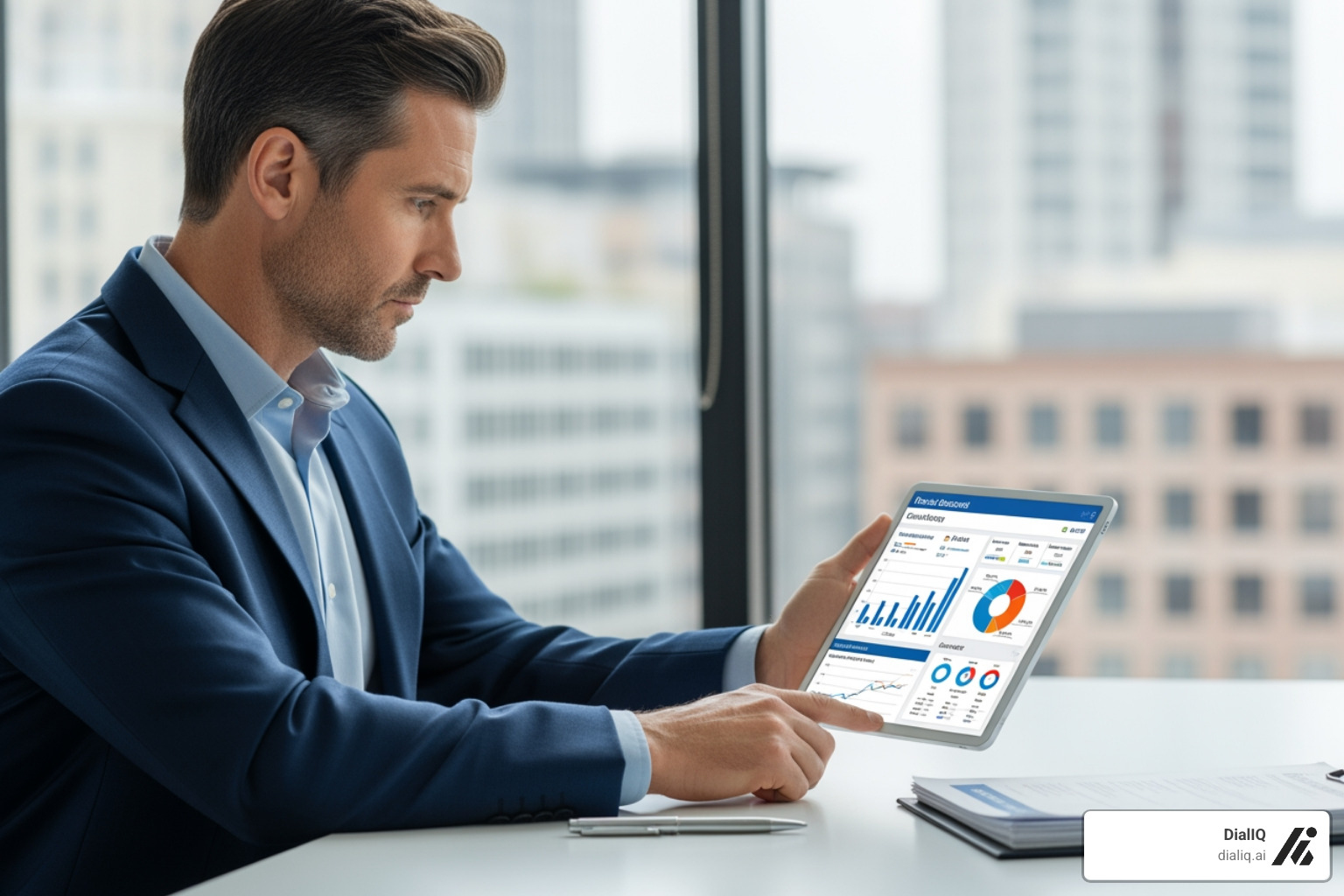 a healthcare administrator analyzing cost-saving data on a tablet - AI for healthcare administration