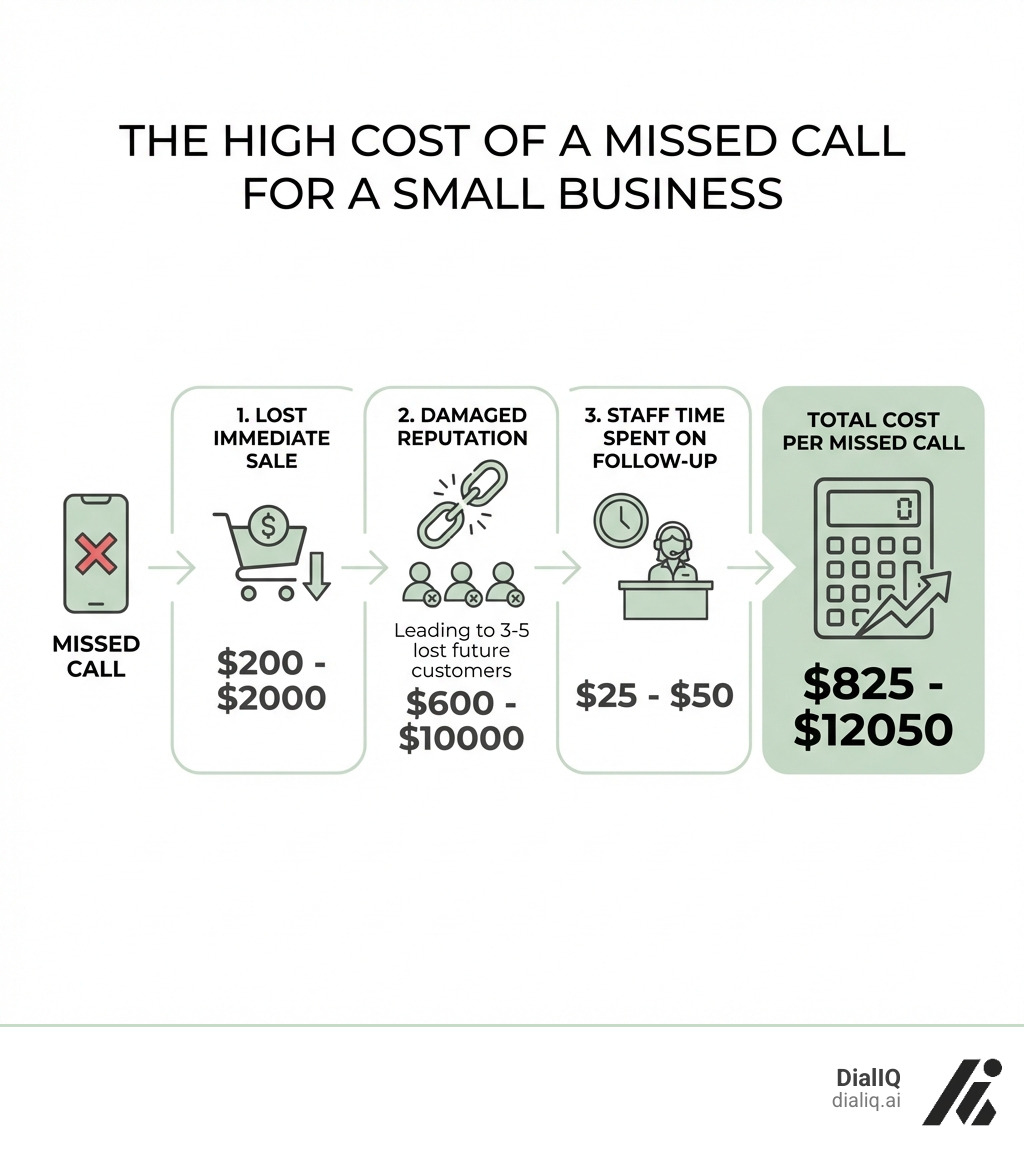 infographic showing the cost breakdown of a missed call for a small business: lost immediate sale ($200-2000), damaged reputation leading to 3-5 lost future customers ($600-10000), staff time spent on follow-up ($25-50), total cost per missed call ($825-12050) - customized answering service infographic 
