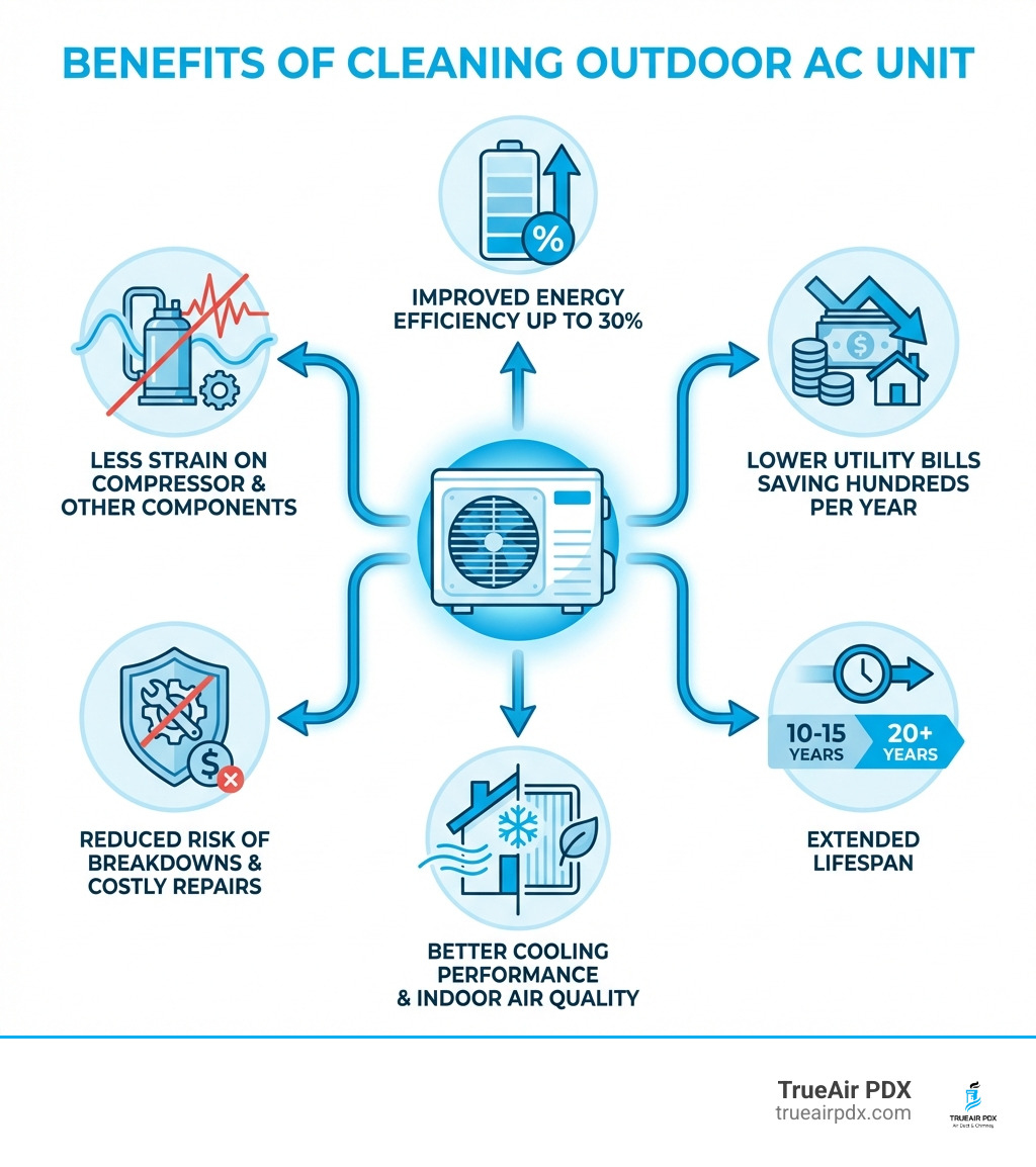 infographic showing benefits of cleaning outdoor AC unit: improved energy efficiency up to 30%, lower utility bills saving hundreds per year, extended lifespan from 10-15 to 20+ years, better cooling performance and indoor air quality, reduced risk of breakdowns and costly repairs, less strain on compressor and other components - cleaning an outdoor ac unit infographic infographic showing benefits of cleaning outdoor AC unit: improved energy efficiency up to 30%, lower utility bills saving hundreds per year, extended lifespan from 10-15 to 20+ years, better cooling performance and indoor air quality, reduced risk of breakdowns and costly repairs, less strain on compressor and other components - cleaning an outdoor ac unit infographic