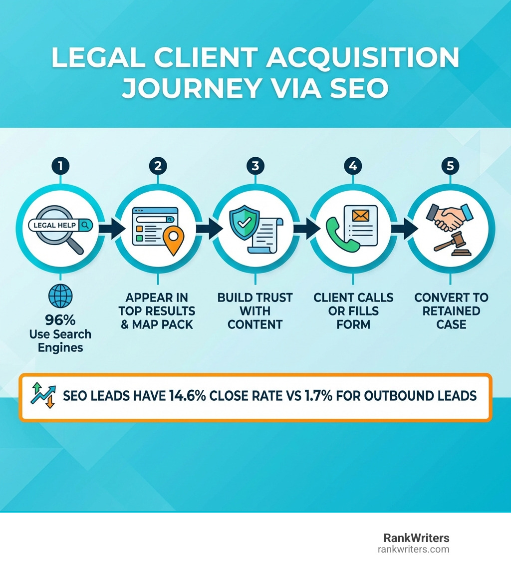 infographic showing the client acquisition journey from Google search to retained case: Step 1: Potential client searches for legal help (96% use search engines). Step 2: Law firm appears in top search results and local map pack. Step 3: Client visits website and reads content that builds trust. Step 4: Client calls or fills out contact form. Step 5: Firm converts lead into retained case. Bottom note: SEO leads have 14.6% close rate vs 1.7% for outbound leads - Legal SEO company infographic 