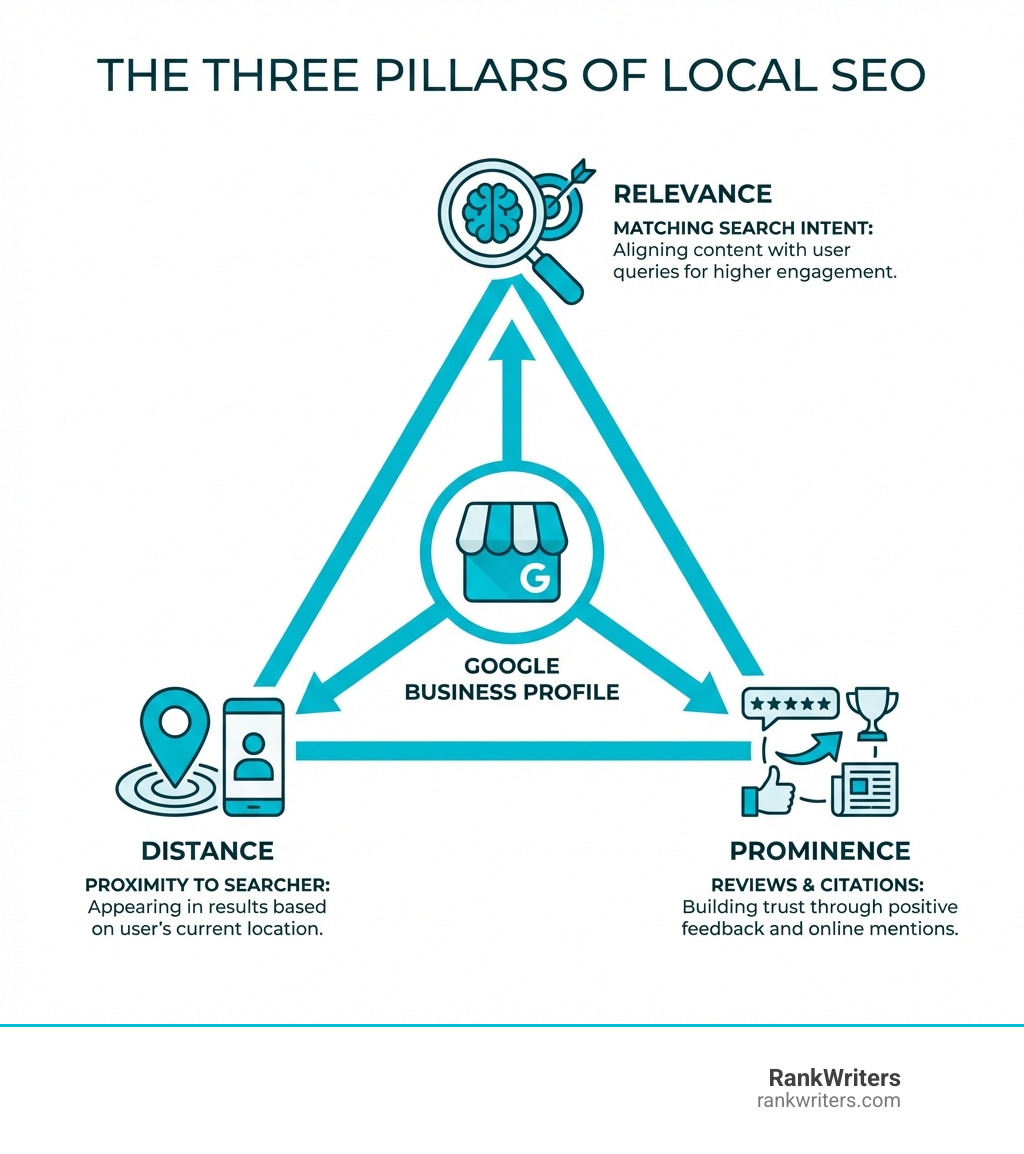 infographic showing the three pillars of local SEO: a triangle with Relevance at the top showing matching search intent, Distance in the bottom left showing proximity to searcher, and Prominence in the bottom right showing reviews and citations, with Google Business Profile in the center connecting all three - Local SEO optimization infographic infographic showing the three pillars of local SEO: a triangle with Relevance at the top showing matching search intent, Distance in the bottom left showing proximity to searcher, and Prominence in the bottom right showing reviews and citations, with Google Business Profile in the center connecting all three - Local SEO optimization infographic
