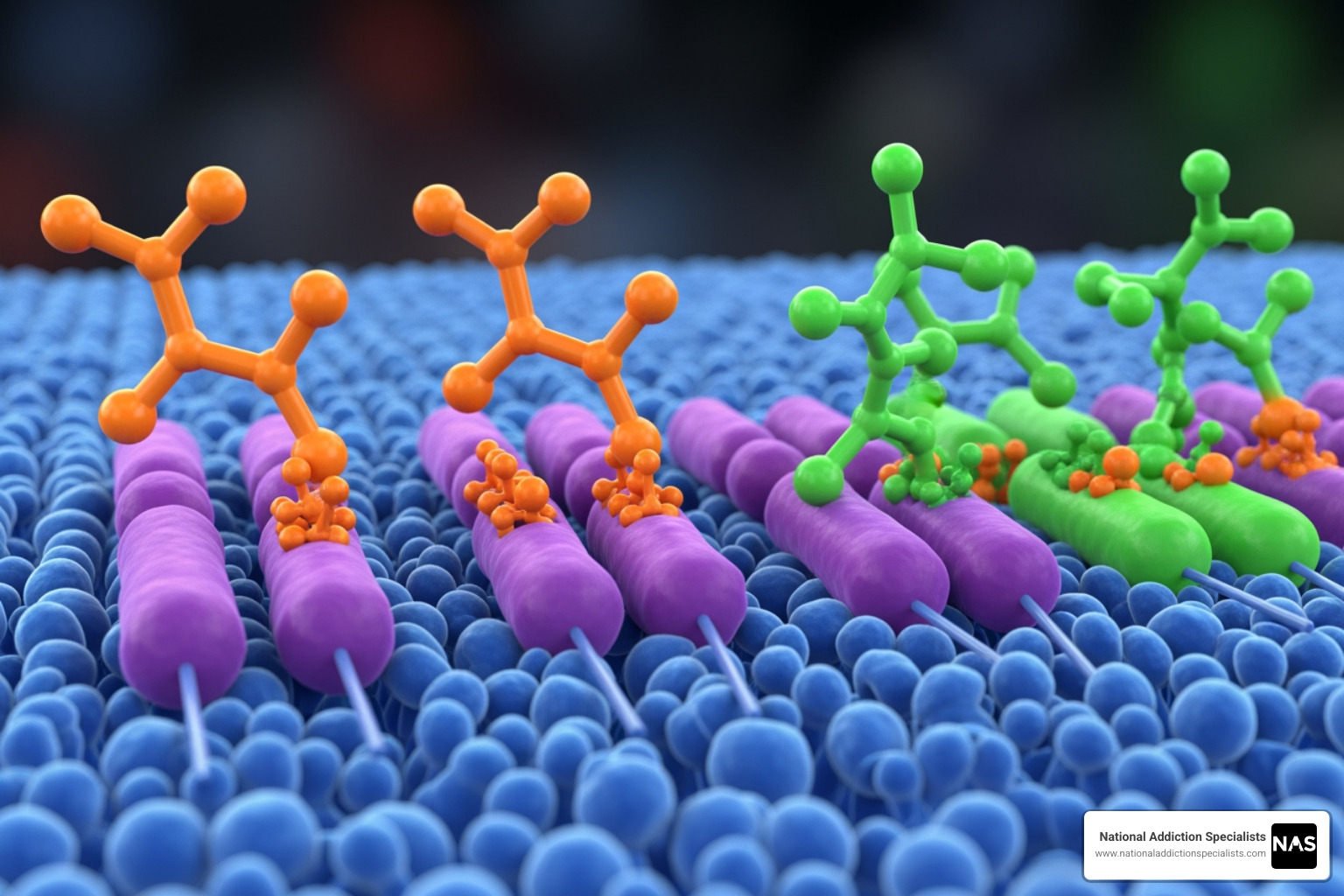 Image illustrating how Suboxone (buprenorphine/naloxone) works on brain receptors, showing buprenorphine partially activating receptors and naloxone blocking them. - same day suboxone treatment johnson city Image illustrating how Suboxone (buprenorphine/naloxone) works on brain receptors, showing buprenorphine partially activating receptors and naloxone blocking them. - same day suboxone treatment johnson city