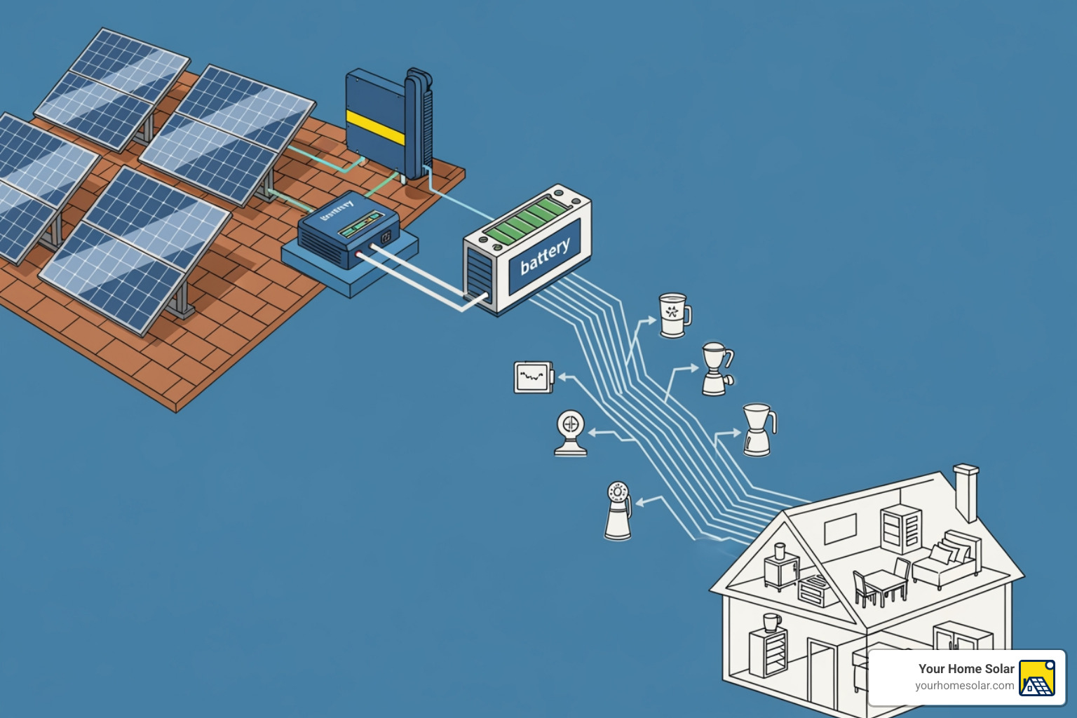 diagram showing energy flow from solar panels to the inverter, battery, and home appliances - back up solar bank diagram showing energy flow from solar panels to the inverter, battery, and home appliances - back up solar bank