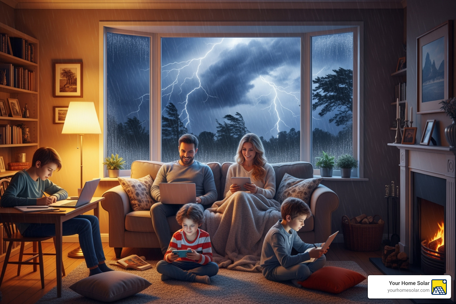 family comfortably using electronics in their living room while it's dark and stormy outside - back up solar bank family comfortably using electronics in their living room while it's dark and stormy outside - back up solar bank
