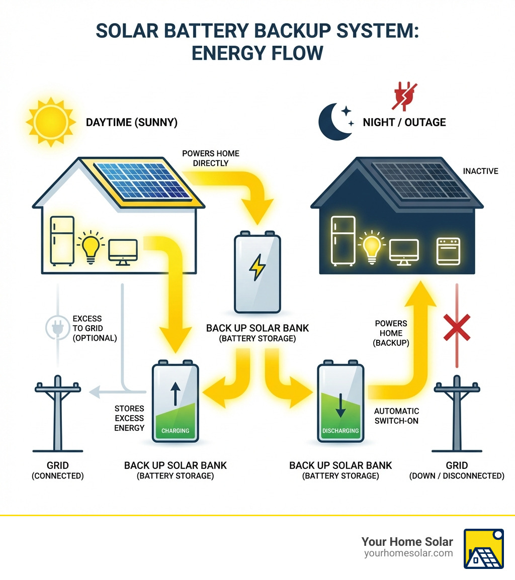 infographic showing solar energy flowing from panels to home during day, excess stored in battery, and battery powering home at night and during outages - back up solar bank infographic infographic showing solar energy flowing from panels to home during day, excess stored in battery, and battery powering home at night and during outages - back up solar bank infographic