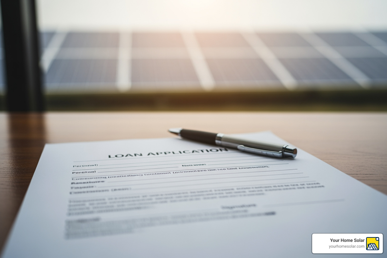 A loan application document is prominently displayed with a solar panel visible in the soft background, symbolizing the financial pathway to solar energy. - solar panels financing options A loan application document is prominently displayed with a solar panel visible in the soft background, symbolizing the financial pathway to solar energy. - solar panels financing options