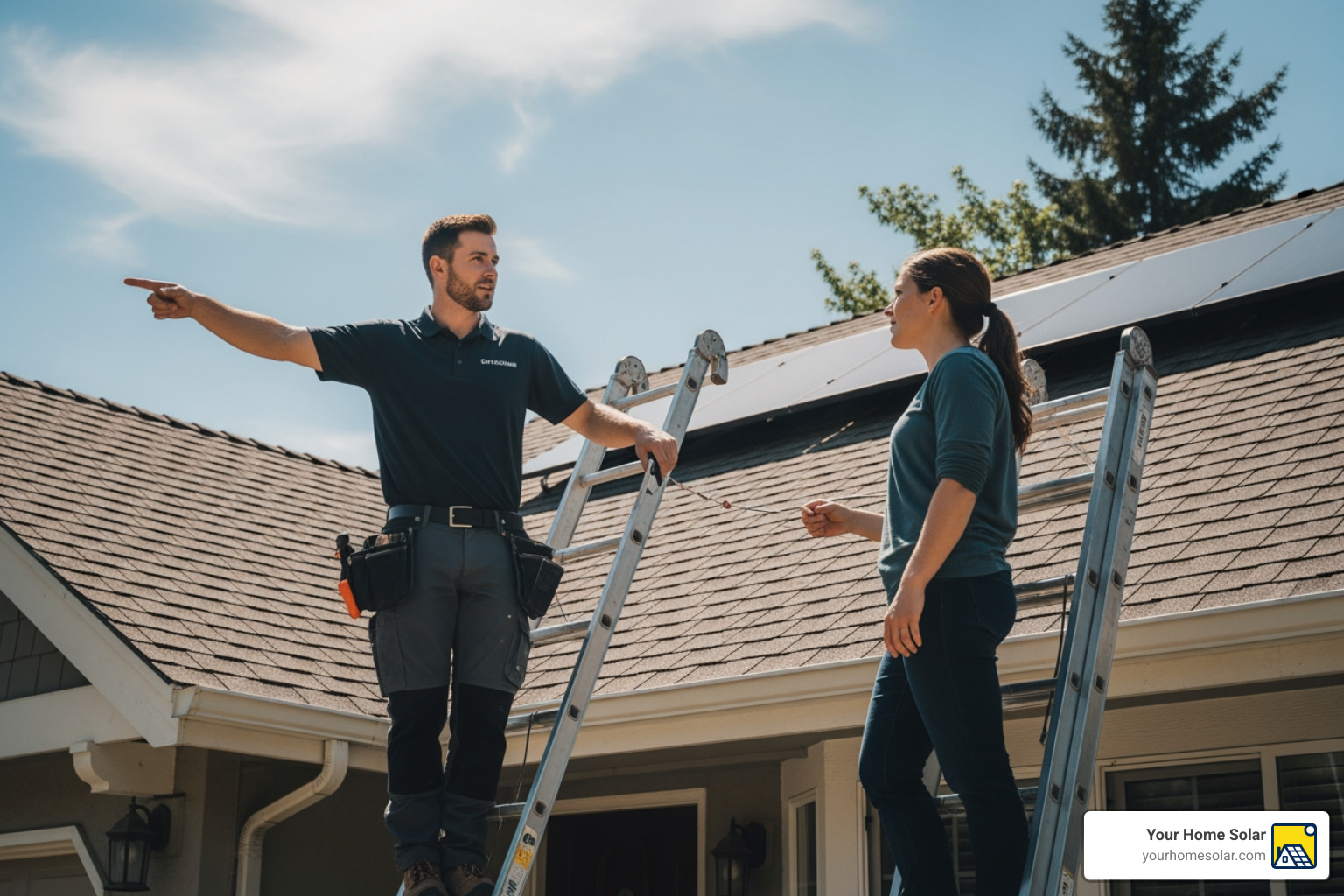 A solar consultant reviews a homeowner's roof, pointing out potential areas for solar panel installation on a sunny day. - solar panels financing options A solar consultant reviews a homeowner's roof, pointing out potential areas for solar panel installation on a sunny day. - solar panels financing options