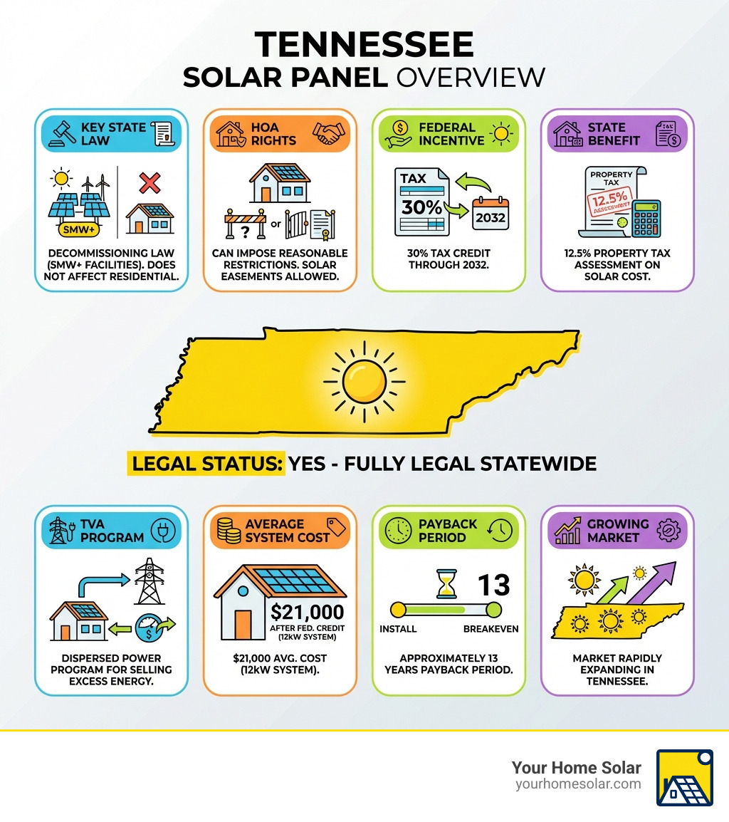 Infographic showing Tennessee solar panel legality overview: Legal Status (Yes - fully legal statewide), Key State Law (Decommissioning Law for facilities 5MW+, does not affect residential), HOA Rights (Can impose reasonable restrictions, solar easements allowed), Federal Incentive (30% tax credit through 2032), State Benefit (12.5% property tax assessment on solar cost), TVA Program (Dispersed Power Program for selling excess energy), Average System Cost ($21,000 after federal credit for 12kW system), Payback Period (approximately 13 years) - are solar panels legal in tennessee infographic Infographic showing Tennessee solar panel legality overview: Legal Status (Yes - fully legal statewide), Key State Law (Decommissioning Law for facilities 5MW+, does not affect residential), HOA Rights (Can impose reasonable restrictions, solar easements allowed), Federal Incentive (30% tax credit through 2032), State Benefit (12.5% property tax assessment on solar cost), TVA Program (Dispersed Power Program for selling excess energy), Average System Cost ($21,000 after federal credit for 12kW system), Payback Period (approximately 13 years) - are solar panels legal in tennessee infographic