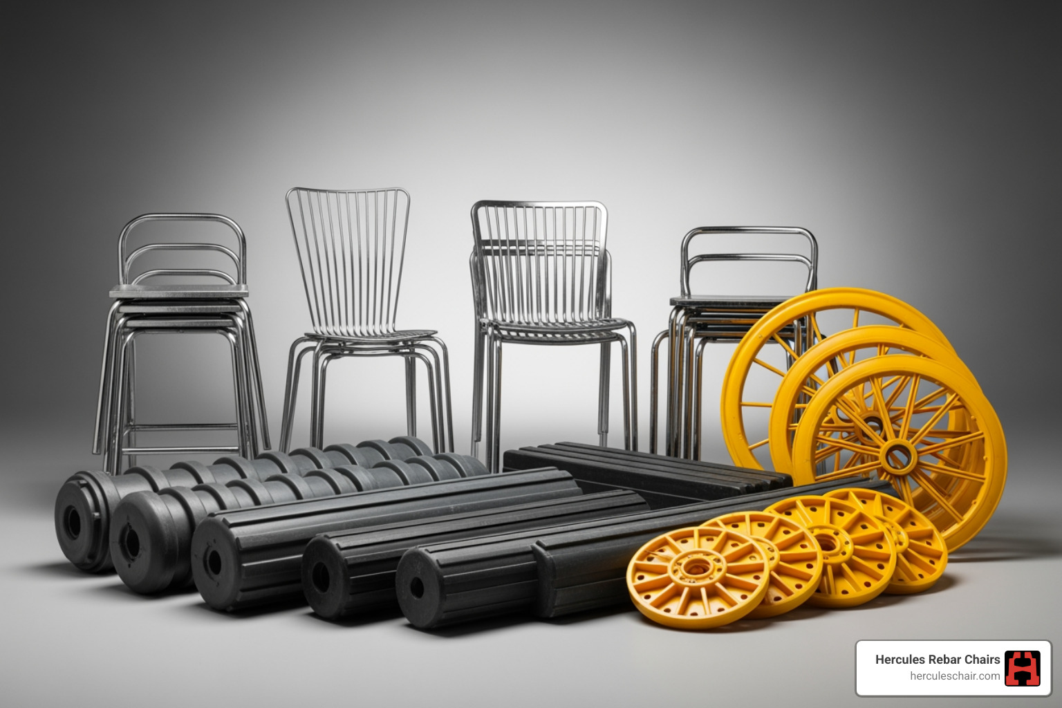 A variety of different rebar chair types, including high chairs, bolsters, and spacer wheels - types of rebar chairs