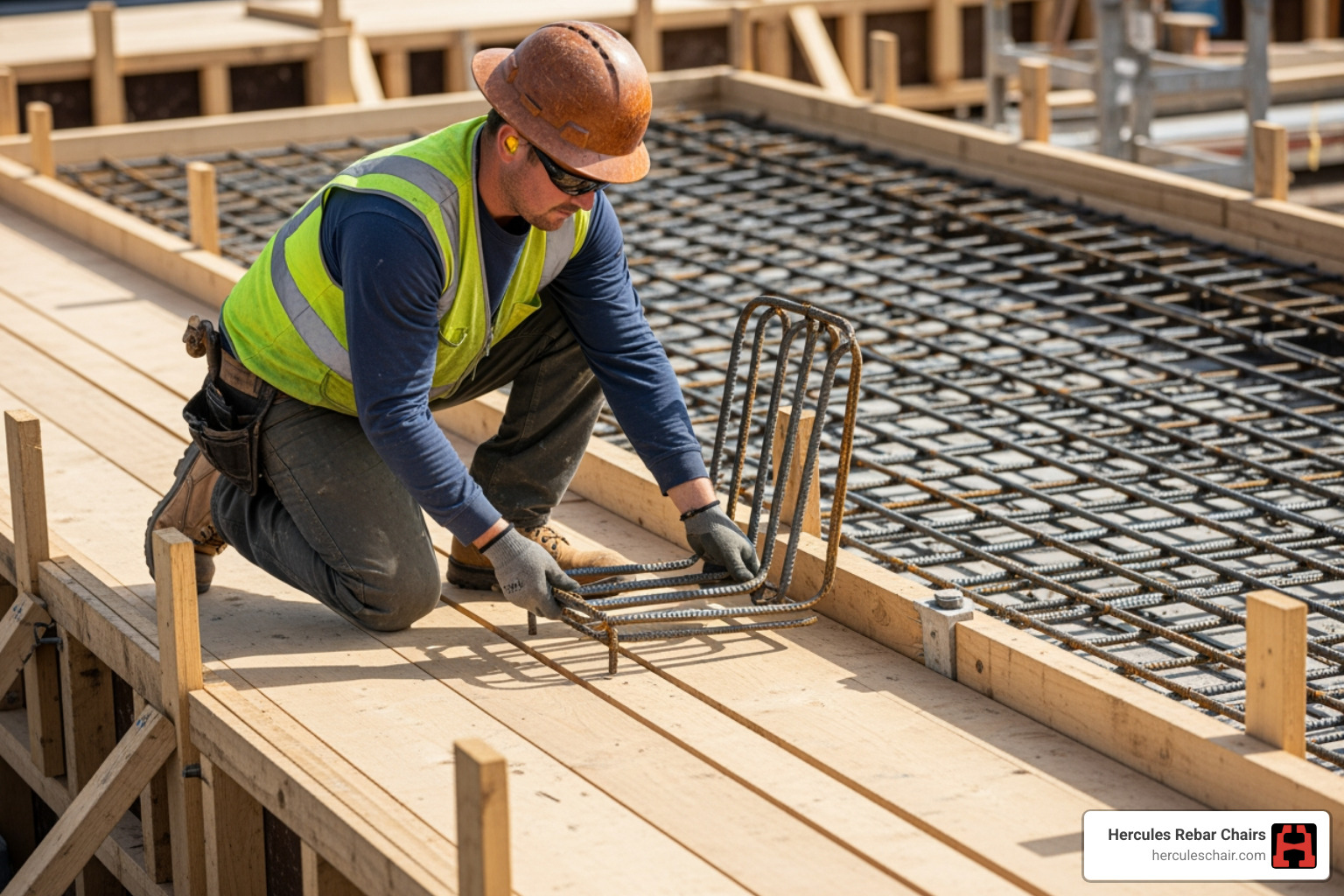 A worker placing a rebar chair on a form - types of rebar chairs