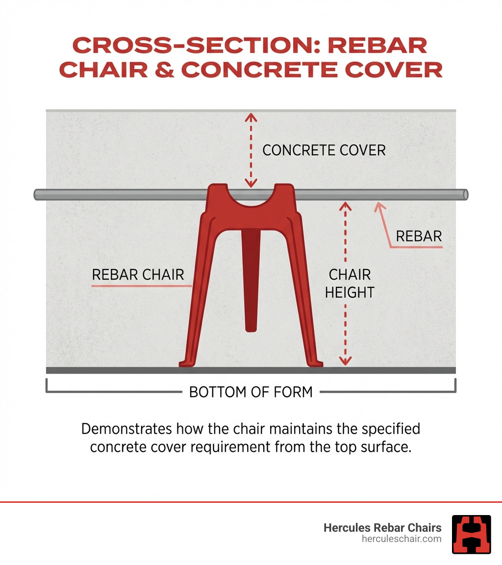 Infographic showing a cross-section of a concrete slab with rebar supported by a chair, with clear labels indicating the concrete cover distance from the top surface to the rebar, the chair height, and the bottom of the form, demonstrating how the chair maintains the specified cover requirement - types of rebar chairs infographic 