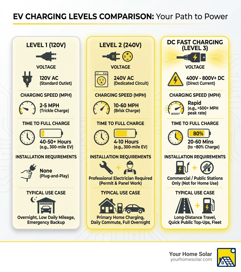 infographic showing three columns comparing Level 1, Level 2, and DC Fast Charging with voltage requirements, charging speeds in miles per hour, time to full charge, installation requirements, and typical use cases - Install electric charger infographic infographic showing three columns comparing Level 1, Level 2, and DC Fast Charging with voltage requirements, charging speeds in miles per hour, time to full charge, installation requirements, and typical use cases - Install electric charger infographic