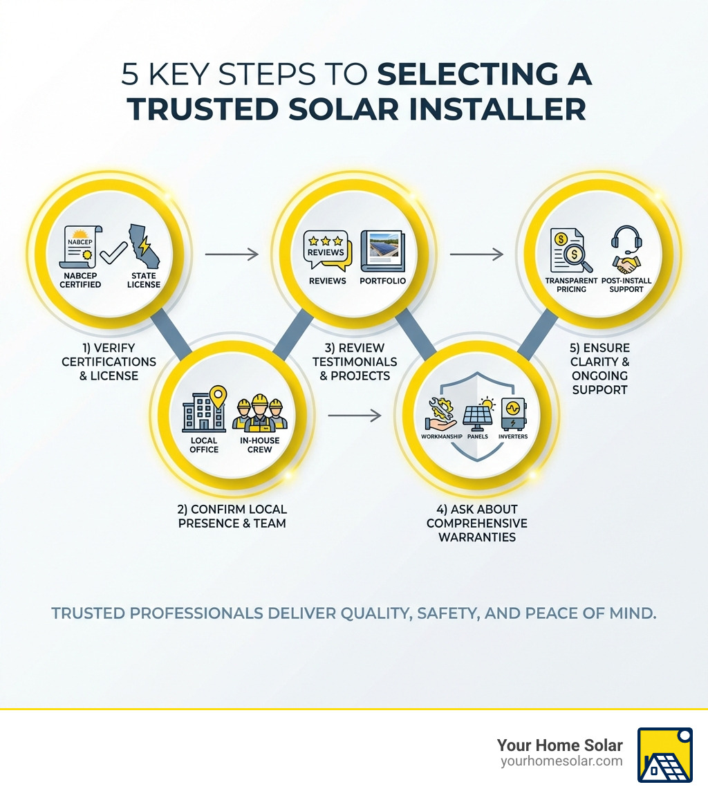 Infographic showing the 5 key steps to selecting a trusted solar installer: 1) Verify NABCEP certification and state electrical license, 2) Confirm local office and in-house installation crew, 3) Review customer testimonials and project portfolio, 4) Ask about warranties for workmanship, panels, and inverters, 5) Ensure transparent pricing and post-installation support - Professional solar installers infographic Infographic showing the 5 key steps to selecting a trusted solar installer: 1) Verify NABCEP certification and state electrical license, 2) Confirm local office and in-house installation crew, 3) Review customer testimonials and project portfolio, 4) Ask about warranties for workmanship, panels, and inverters, 5) Ensure transparent pricing and post-installation support - Professional solar installers infographic