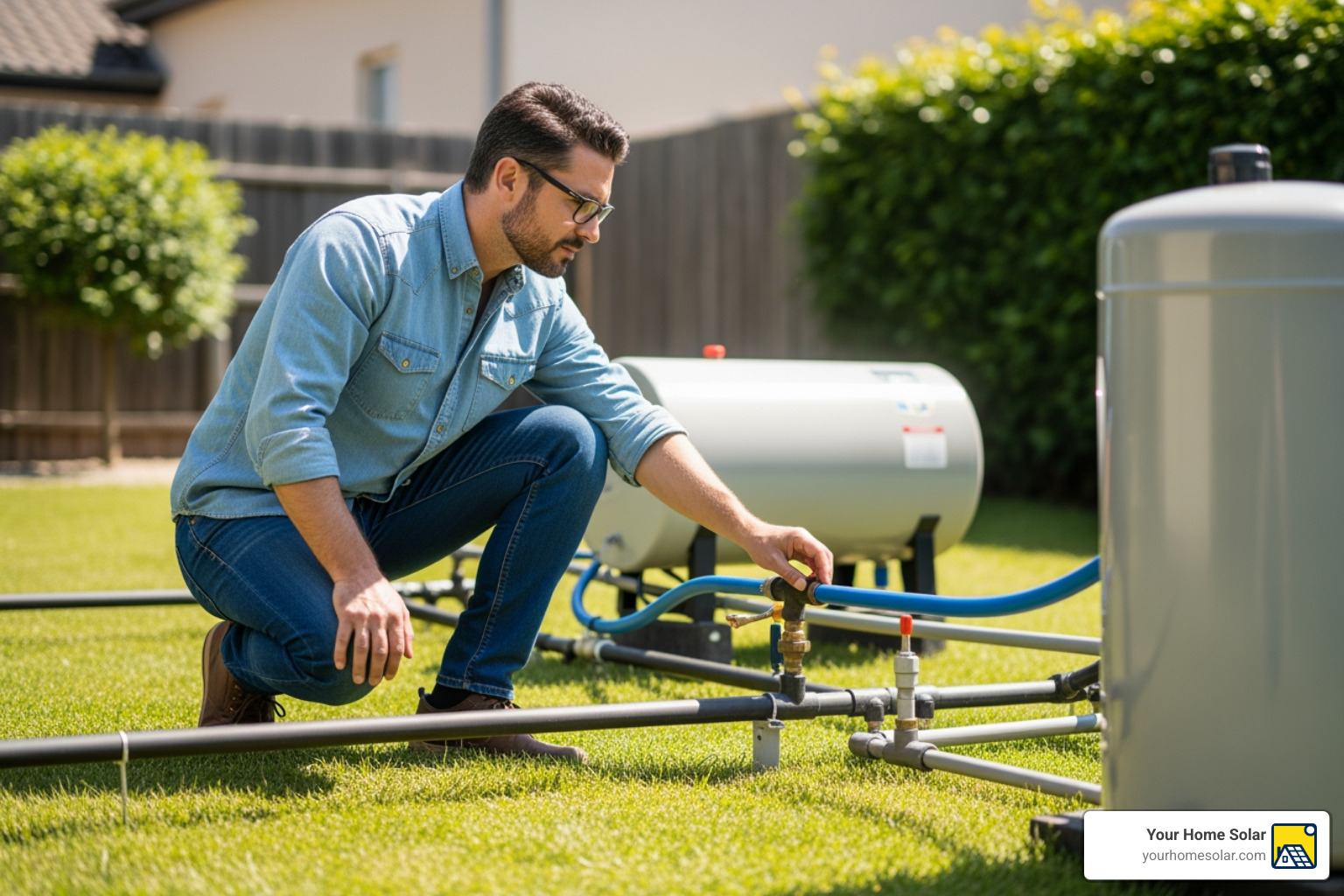 homeowner safely inspecting ground-level solar heating components - solar heating maintenance homeowner safely inspecting ground-level solar heating components - solar heating maintenance