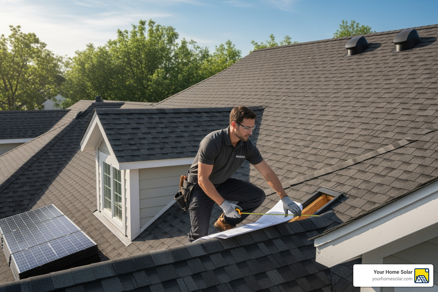 installer assessing a complex roof - Cost of solar panels installer assessing a complex roof - Cost of solar panels