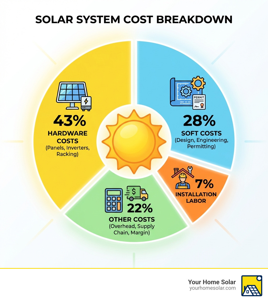 infographic showing solar system cost breakdown with hardware costs at 43%, soft costs including design and engineering at 28%, and installation labor at 7% - Cost of solar panels infographic infographic showing solar system cost breakdown with hardware costs at 43%, soft costs including design and engineering at 28%, and installation labor at 7% - Cost of solar panels infographic