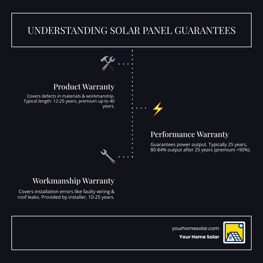 infographic showing three columns labeled Product Warranty, Performance Warranty, and Workmanship Warranty, with icons of a solar panel, lightning bolt, and wrench respectively, listing typical coverage periods of 12-25 years, 25 years, and 10-25 years, along with what each covers: defects and materials, power output degradation rates, and installation errors - solar panels guarantee infographic infographic-line-3-steps-dark infographic showing three columns labeled Product Warranty, Performance Warranty, and Workmanship Warranty, with icons of a solar panel, lightning bolt, and wrench respectively, listing typical coverage periods of 12-25 years, 25 years, and 10-25 years, along with what each covers: defects and materials, power output degradation rates, and installation errors - solar panels guarantee infographic infographic-line-3-steps-dark