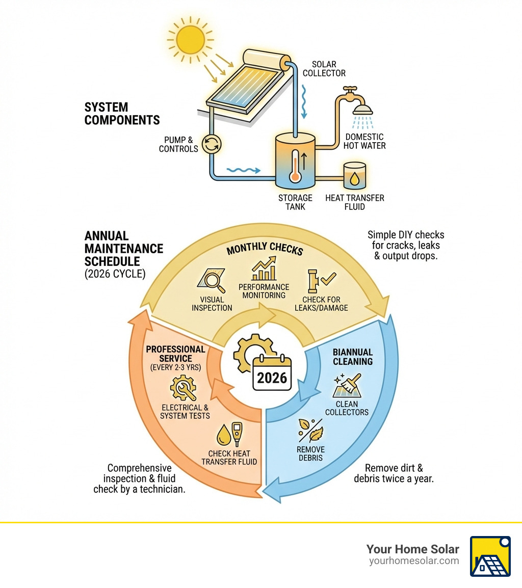 infographic showing solar water heating system components and annual maintenance schedule with monthly checks, biannual cleaning, and professional service intervals - solar heating maintenance infographic infographic showing solar water heating system components and annual maintenance schedule with monthly checks, biannual cleaning, and professional service intervals - solar heating maintenance infographic