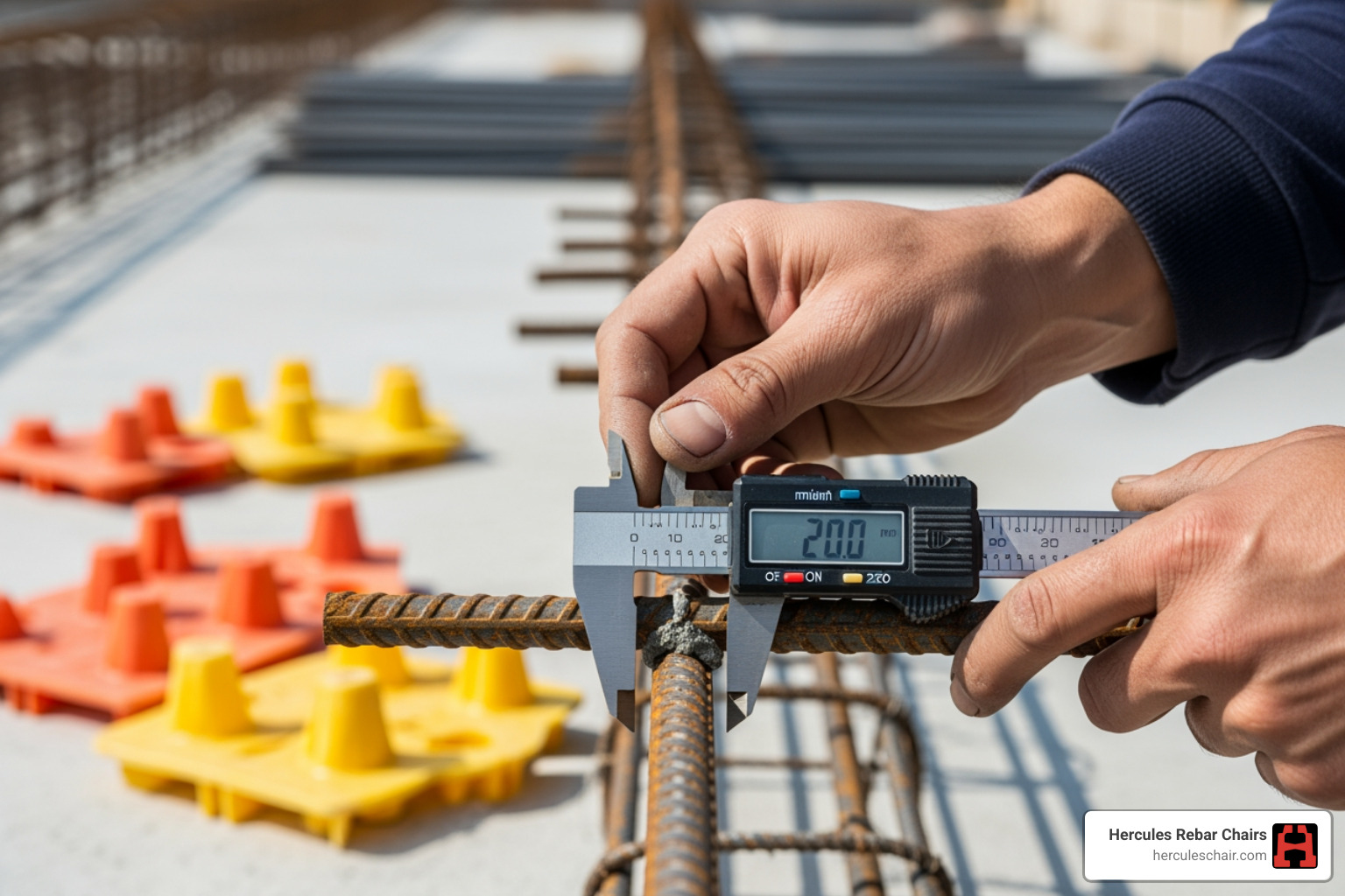 contractor measuring rebar diameter to select a spacer - plastic rebar chair spacer