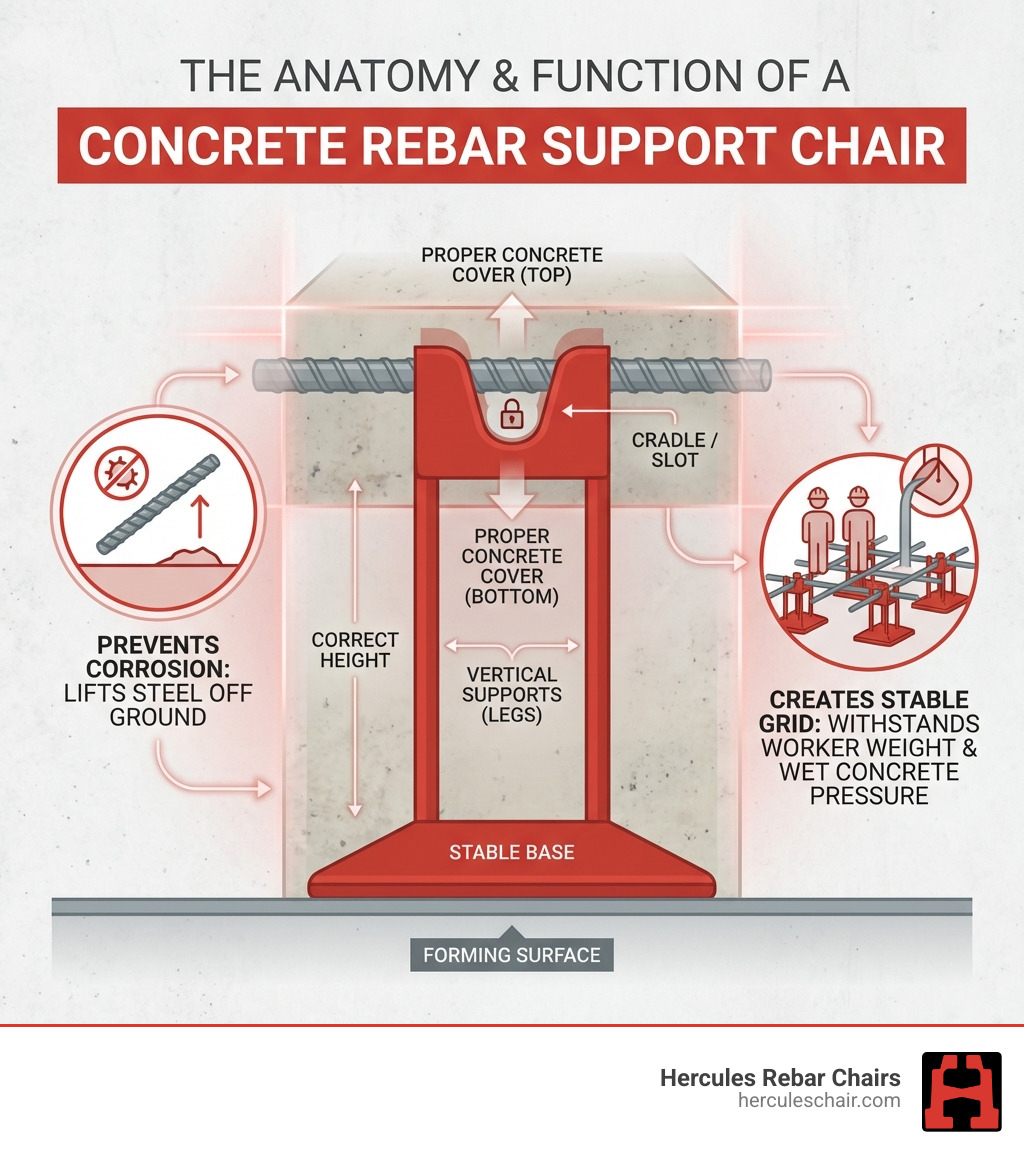 Infographic showing the anatomy of a concrete rebar support chair: a stable base that sits on the forming surface, vertical supports or legs that provide the correct height, and a cradle or slot at the top that secures the rebar in place. The graphic illustrates how chairs maintain proper concrete cover above and below the rebar, prevent corrosion by lifting steel off the ground, and create a stable grid that withstands the weight of workers and the pressure of wet concrete during the pour. - concrete rebar support chair infographic 