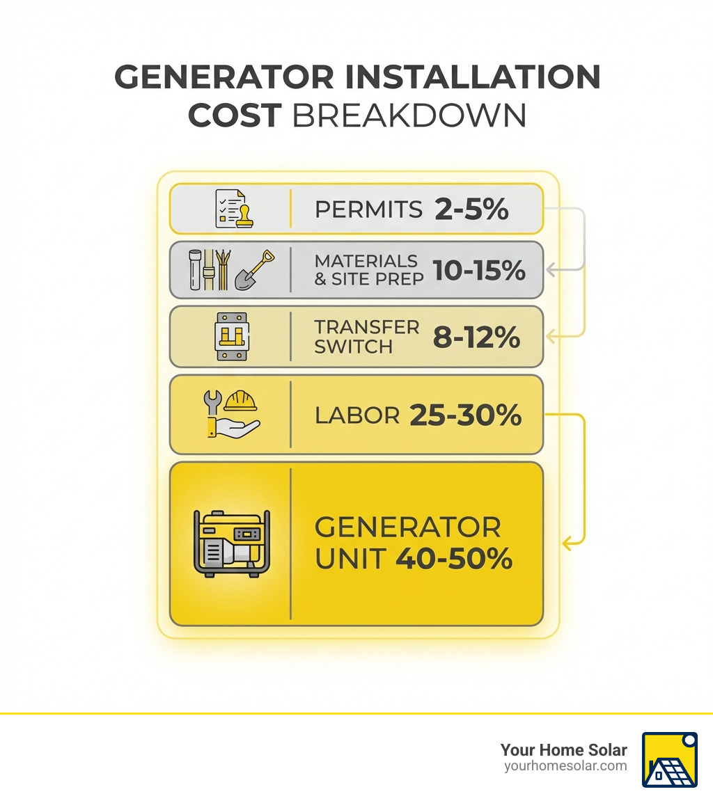 infographic showing breakdown of generator installation costs: generator unit 40-50%, labor 25-30%, transfer switch 8-12%, materials and site prep 10-15%, permits 2-5% - cost of generator installation infographic infographic showing breakdown of generator installation costs: generator unit 40-50%, labor 25-30%, transfer switch 8-12%, materials and site prep 10-15%, permits 2-5% - cost of generator installation infographic