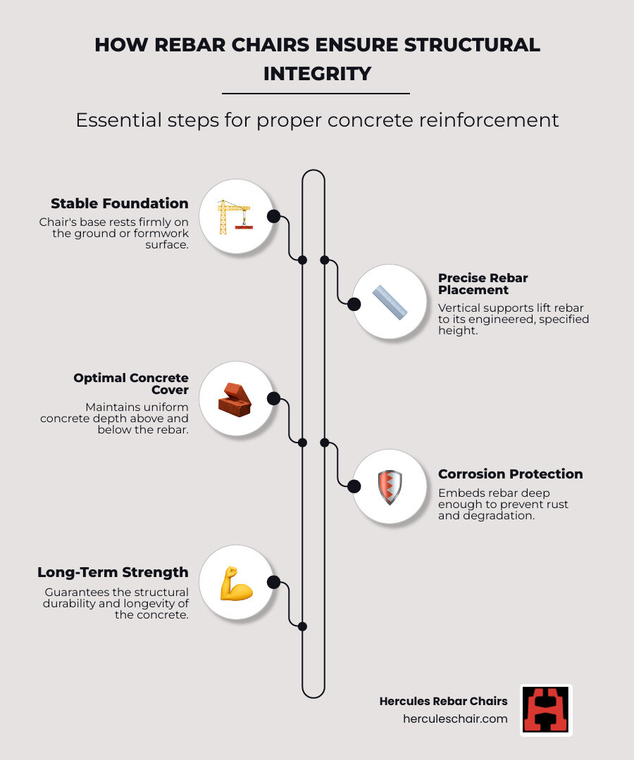 Infographic showing cross-section of concrete slab with rebar chair support: base sits on ground, vertical supports hold rebar at specified height (e.g., 4 inches), concrete poured over top creates proper cover above and below rebar for corrosion protection and structural strength; includes callouts for concrete cover depth, rebar position, and stable base - rebar chair support infographic infographic-line-5-steps-elegant_beige
