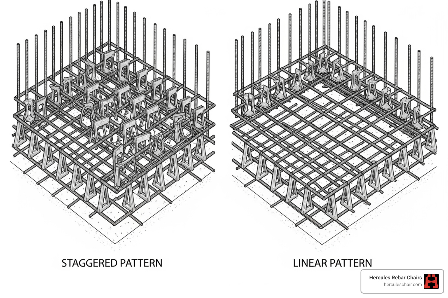 Illustration showing correct staggered spacing of rebar chairs on the left, and incorrect linear spacing on the right. Staggered chairs are offset, while linear chairs form a straight line. - rebar chair support