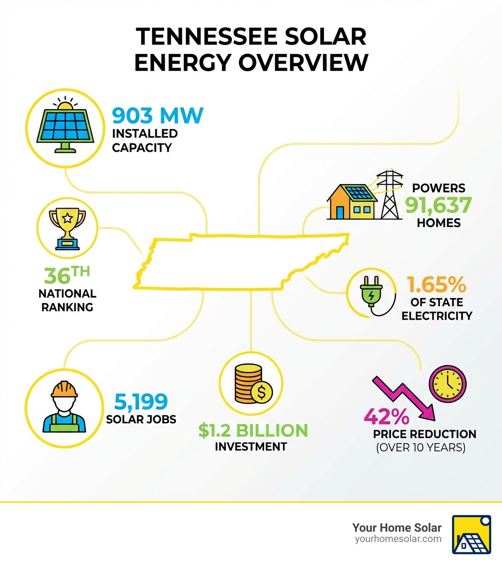 Infographic showing Tennessee solar statistics: 903 MW installed capacity, 36th national ranking, powering 91,637 homes, 1.65% of state electricity, 5,199 solar jobs, $1.2 billion in investment, and 42% price reduction over 10 years - Tennessee solar energy infographic Infographic showing Tennessee solar statistics: 903 MW installed capacity, 36th national ranking, powering 91,637 homes, 1.65% of state electricity, 5,199 solar jobs, $1.2 billion in investment, and 42% price reduction over 10 years - Tennessee solar energy infographic