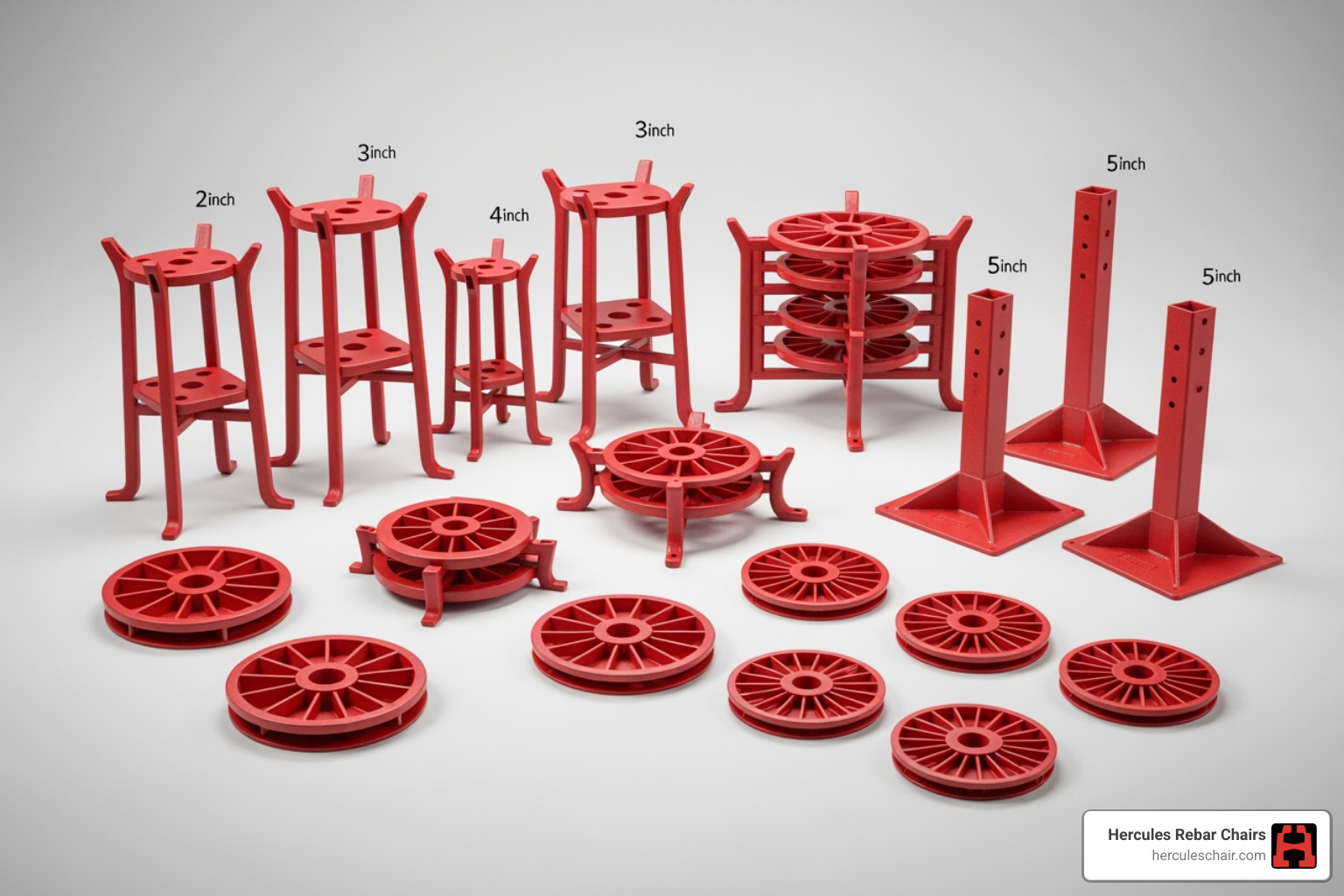 Image showing a variety of red Hercules rebar chair types, including standard chairs with different heights, multi-level chairs for multiple rebar layers, and perhaps some footer stands or spacer wheels. - rebar chair support