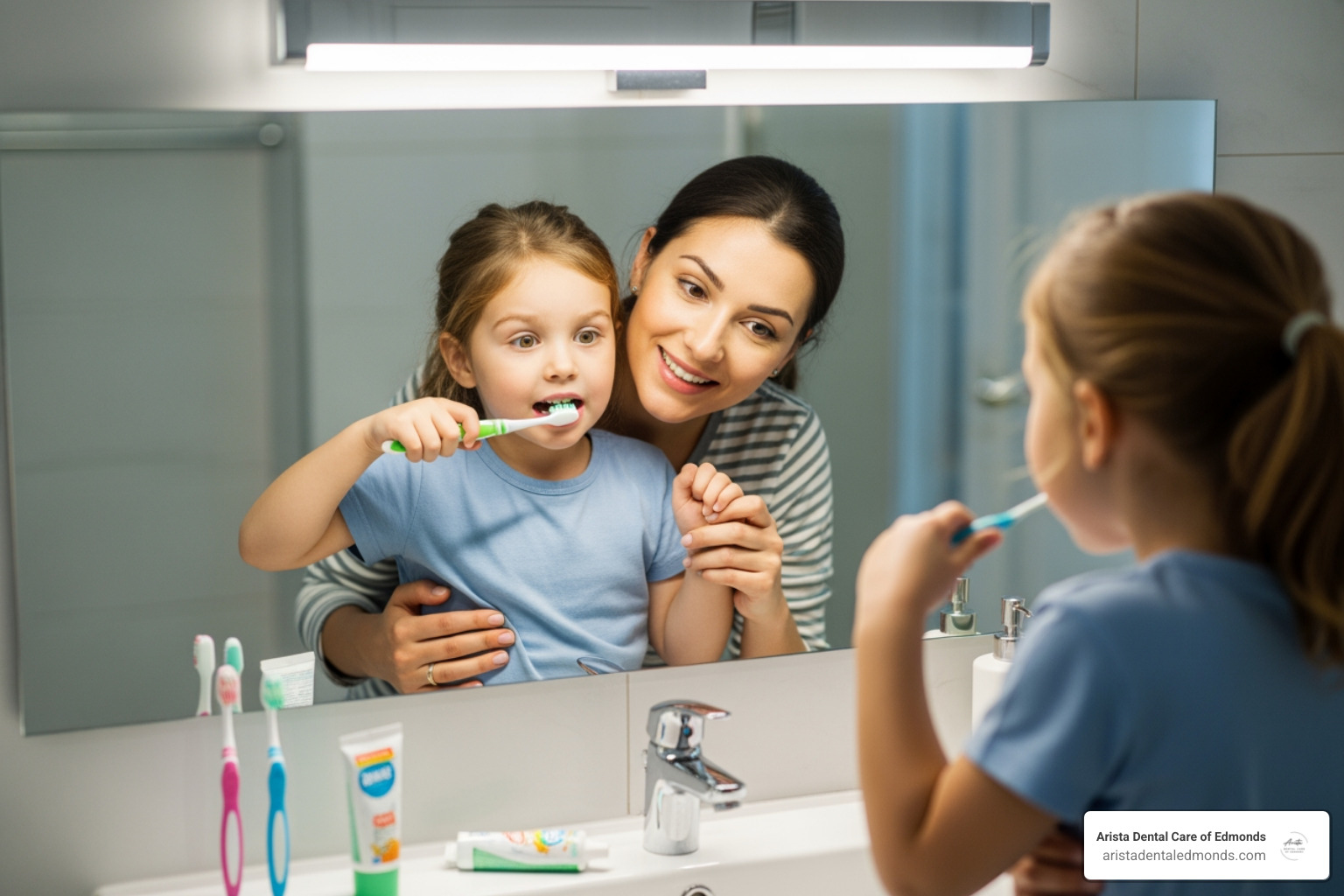 Mother assisting daughter with brushing teeth in bathroom, emphasizing pediatric dental care and healthy oral hygiene habits.