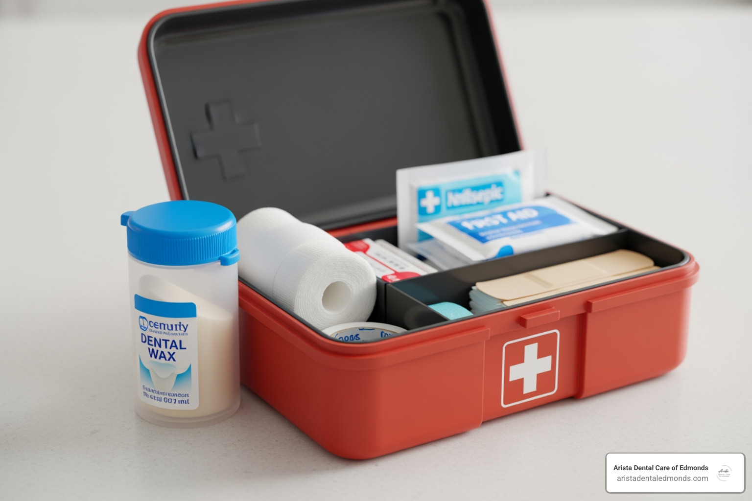 first-aid kit with dental wax and gauze - Chipped tooth repair