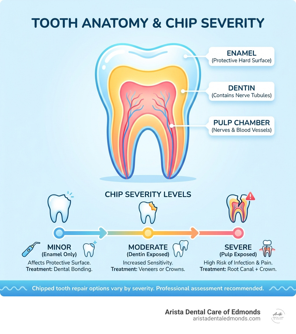 Infographic showing tooth anatomy with three labeled layers: outer enamel layer as the protective hard surface, middle dentin layer containing nerve tubules, and inner pulp chamber with nerves and blood vessels, plus severity levels of chips affecting each layer - Chipped tooth repair infographic 
