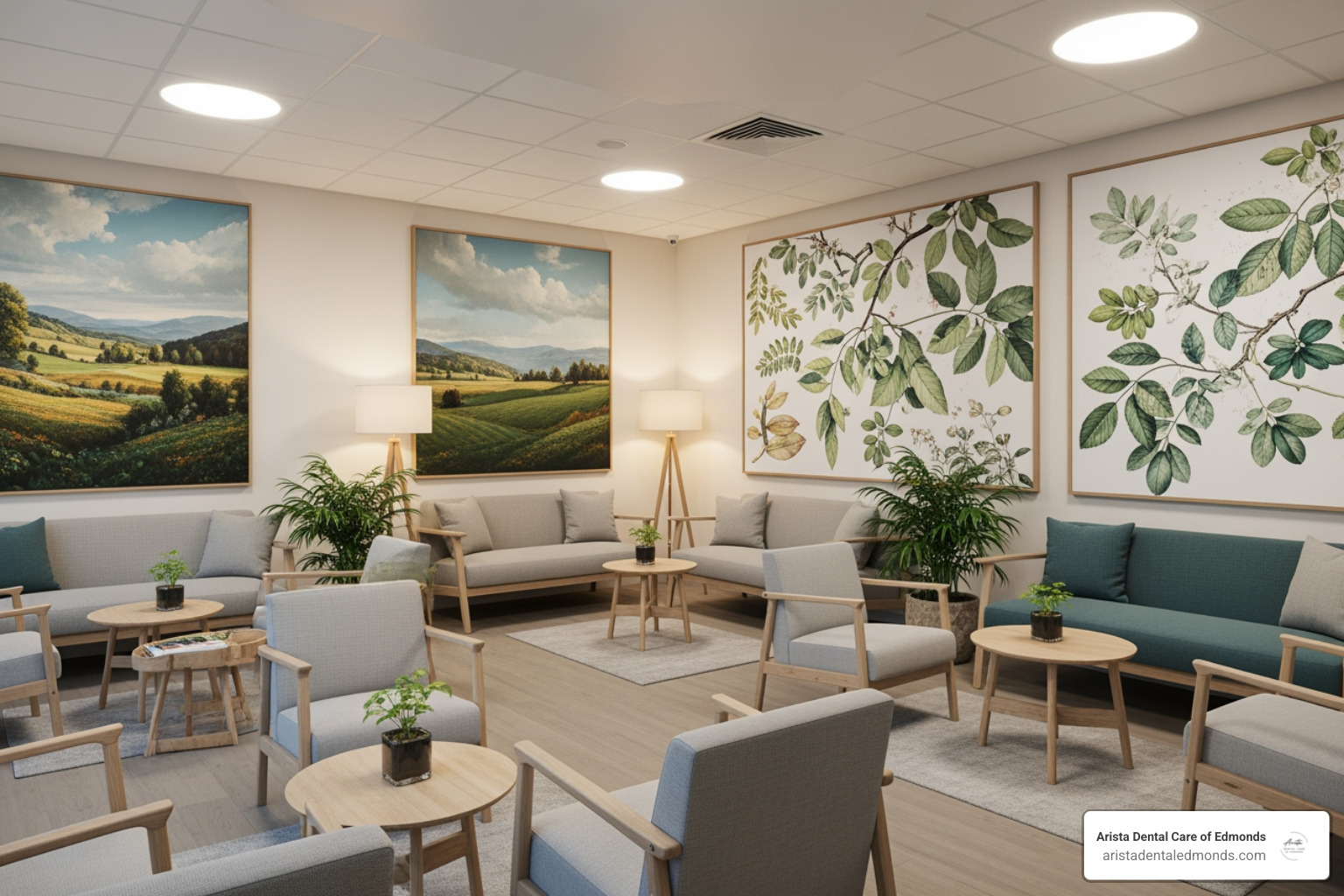 calm waiting room with nature-themed art - comfortable dental visits