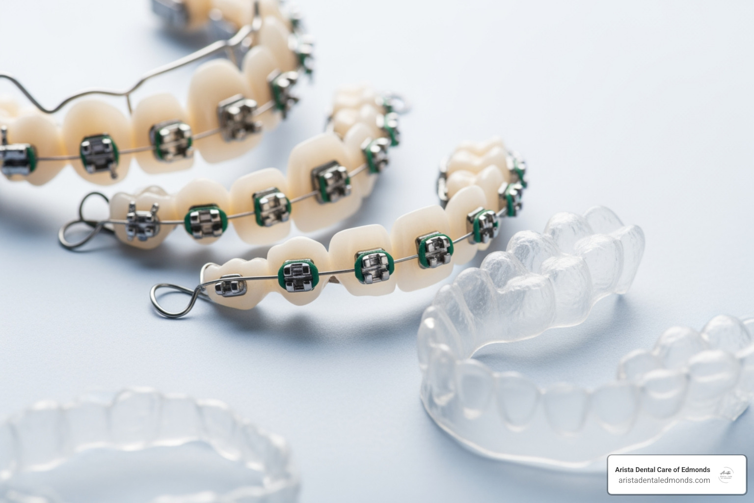 Different types of braces and clear aligners offered at Arista Dental Care, including traditional metal, ceramic, and clear aligners like Invisalign - Orthodontist payment plans Braces and clear aligners displayed on a light background, representing orthodontic treatment options at Arista Dental Care in Edmonds, WA.