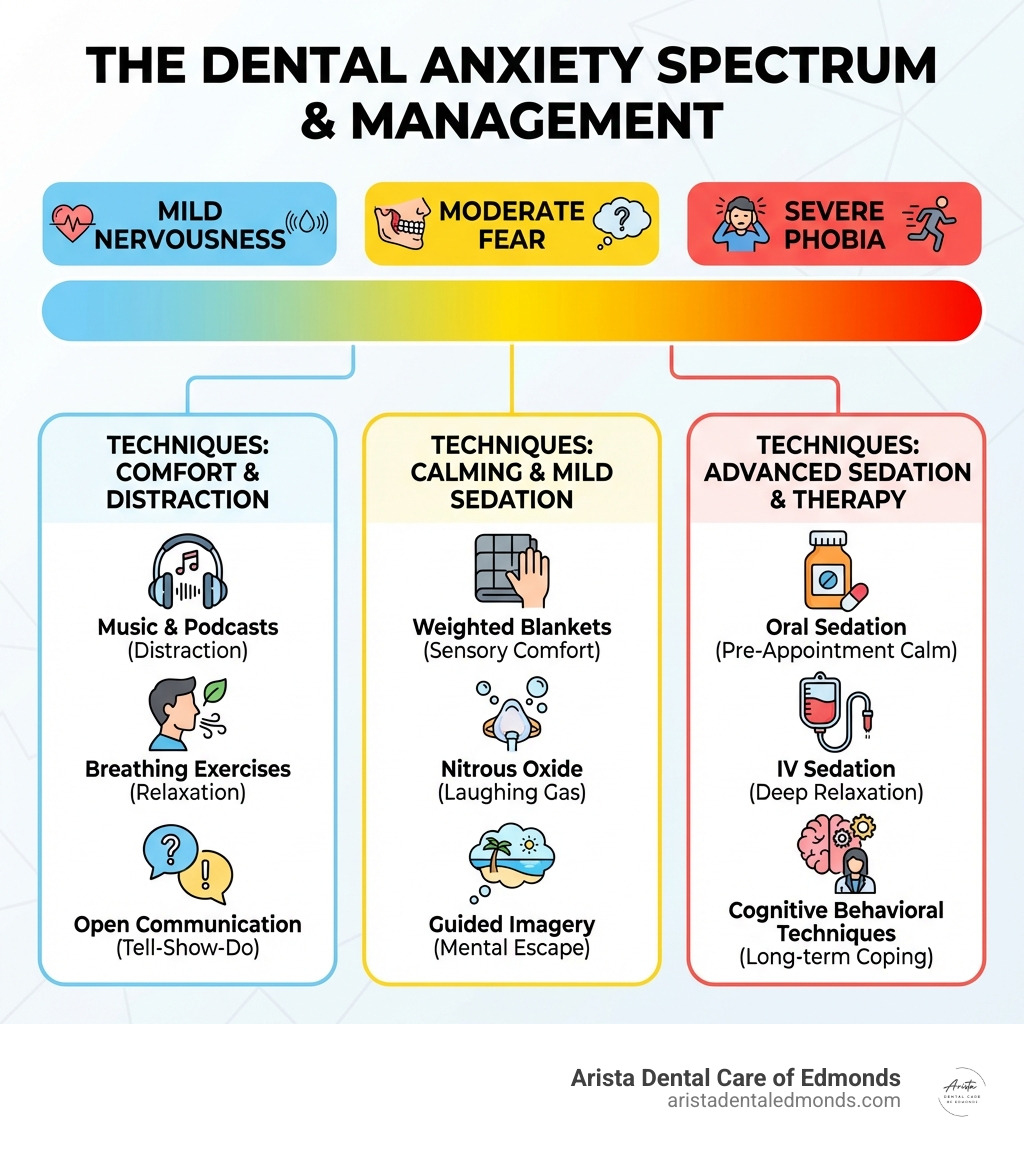 infographic showing the spectrum of dental anxiety from mild nervousness to severe phobia, with management techniques for each level - anxiety management dentistry infographic 