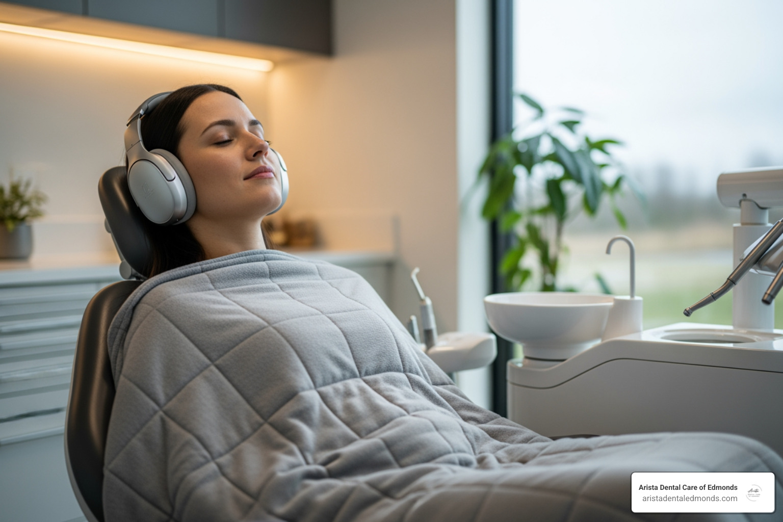 patient in dental chair with noise-cancelling headphones and weighted blanket - scared of dentist but need treatment
