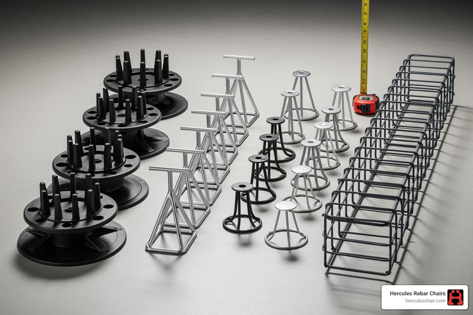 side-by-side comparison of different Hercules rebar chair types (plastic, metal, individual, continuous) - rebar bar chair